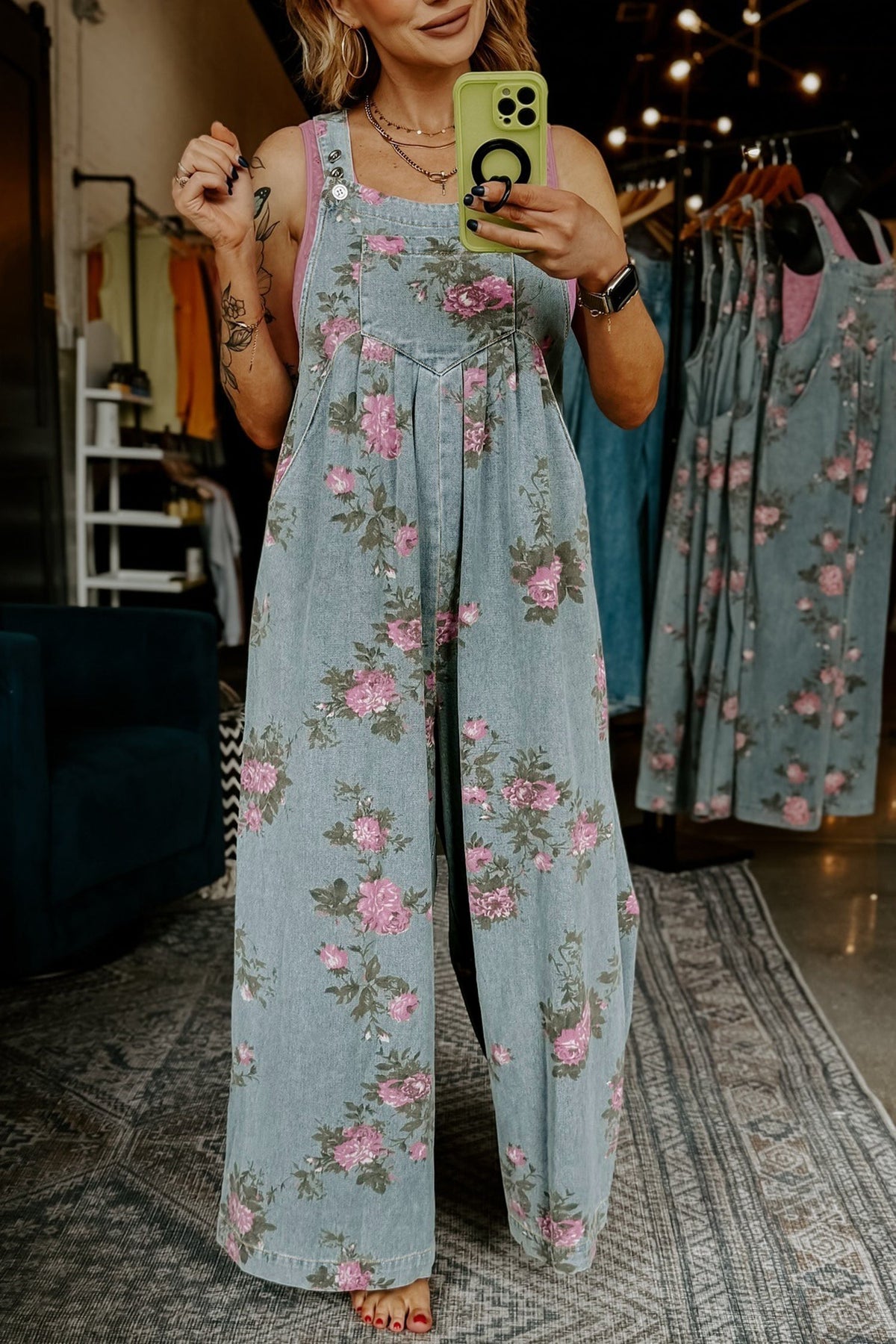 Beau Blue Floral Print Pleated High Waist Wide Leg Denim Jumpsuit - Pretty Petty Co