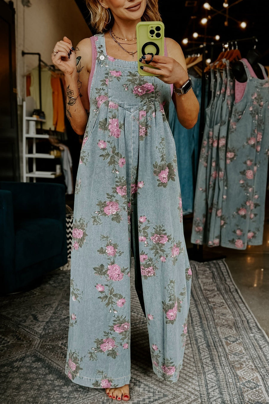 Beau Blue Floral Print Pleated High Waist Wide Leg Denim Jumpsuit - Pretty Petty Co
