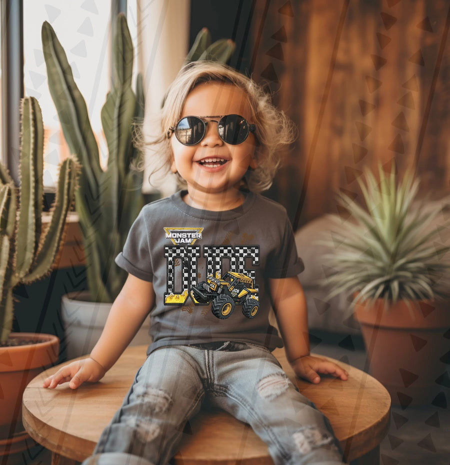Monster Truck Dude Faux Embroidery Graphic Tee – Racing Kids Shirt – Unisex DTF Print - Pretty Petty Co