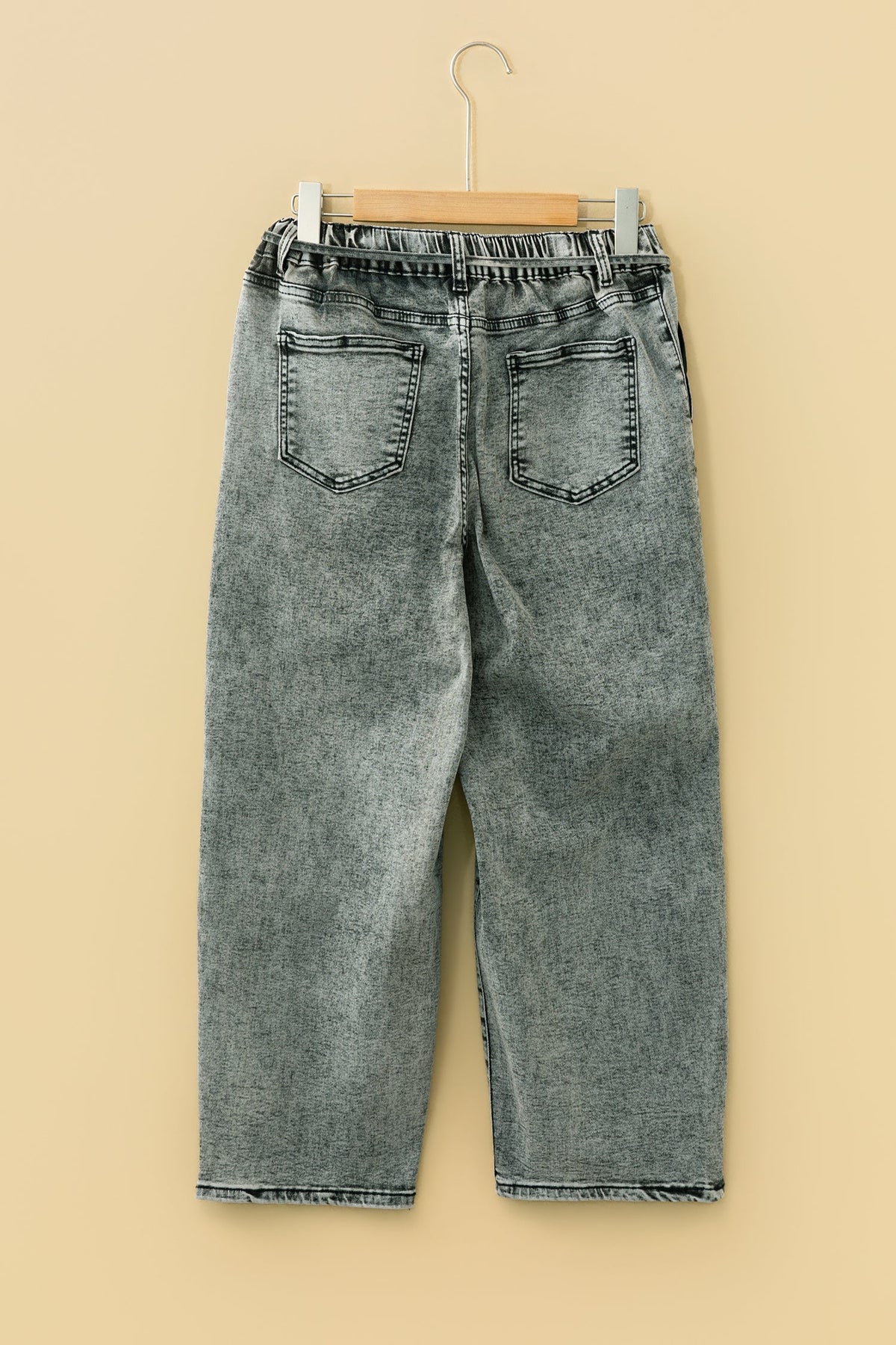 Smoke Gray Acid Wash Barrel Fit Denim Pants with Waist String - Pretty Petty Co