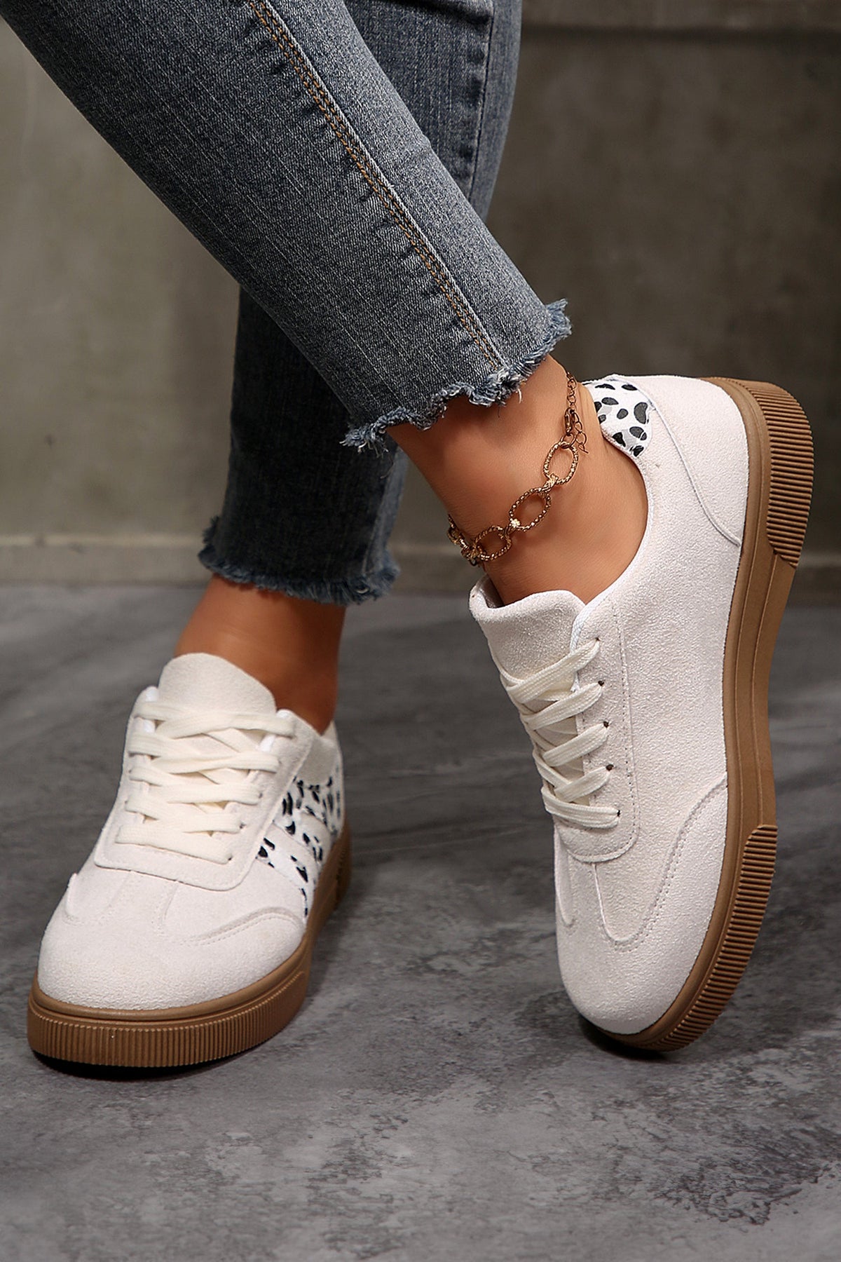 White Suede Leopard Color Block Trim Lace-up Casual Shoes - Pretty Petty Co