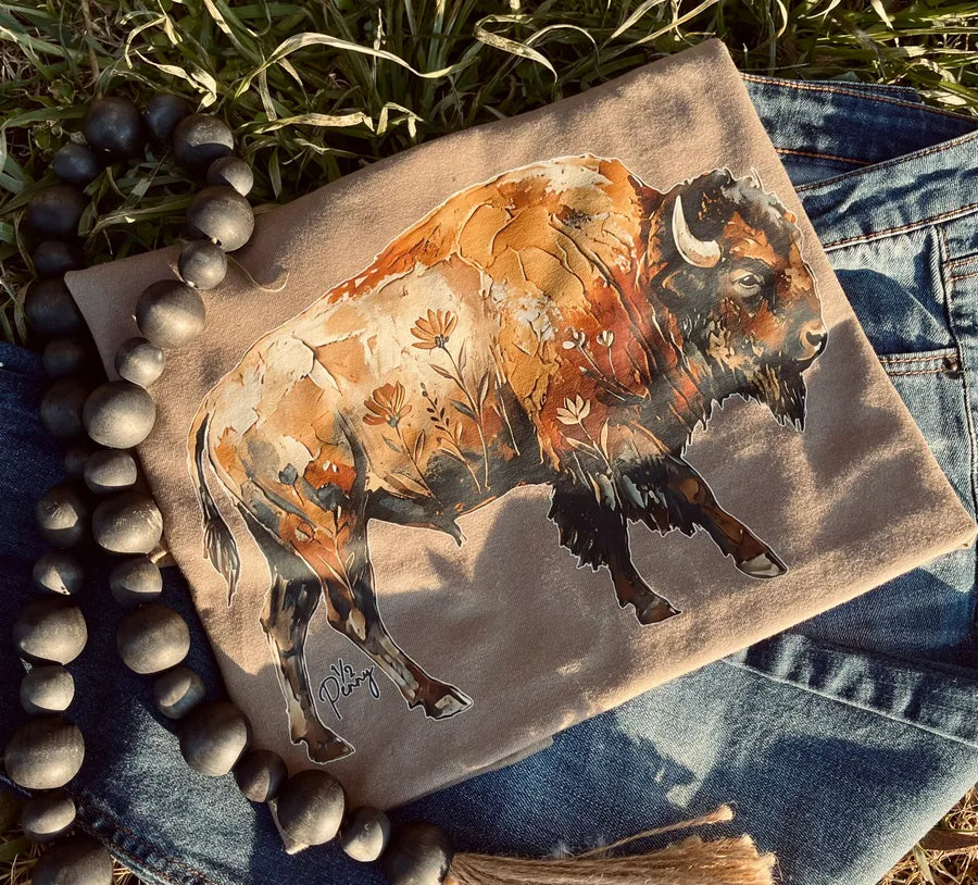 Floral Painted Buffalo (DTF Tee) - Pretty Petty Co
