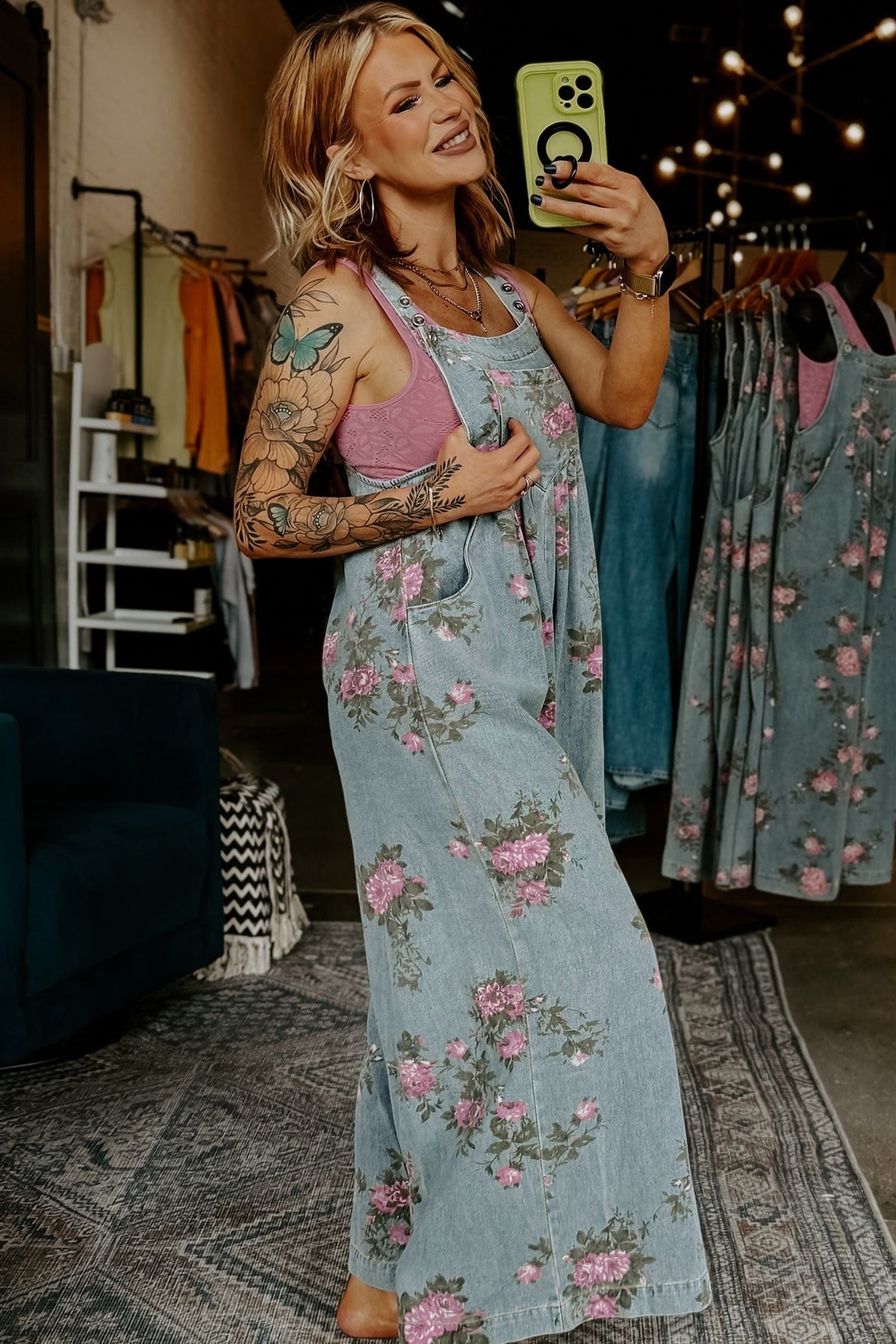 Beau Blue Floral Print Pleated High Waist Wide Leg Denim Jumpsuit - Pretty Petty Co