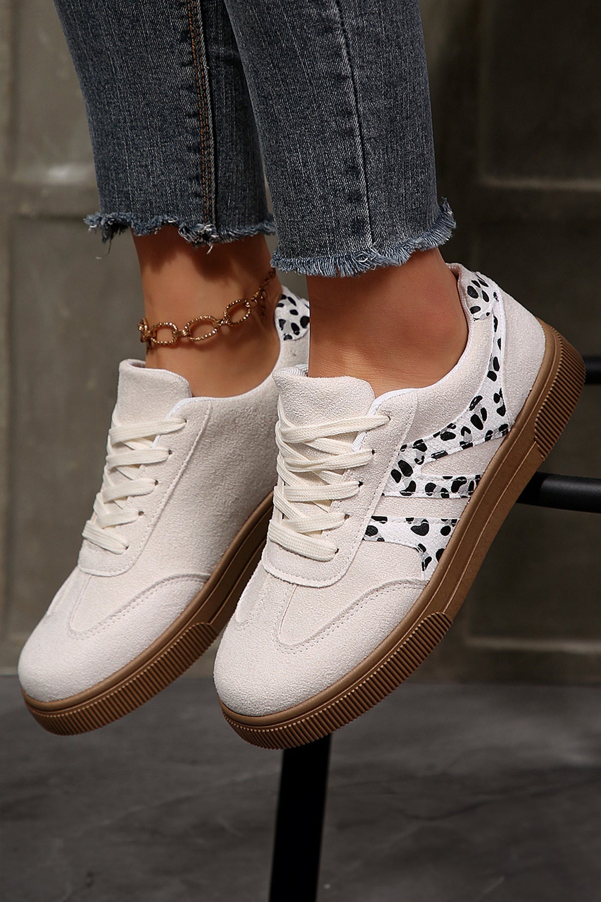 White Suede Leopard Color Block Trim Lace-up Casual Shoes - Pretty Petty Co