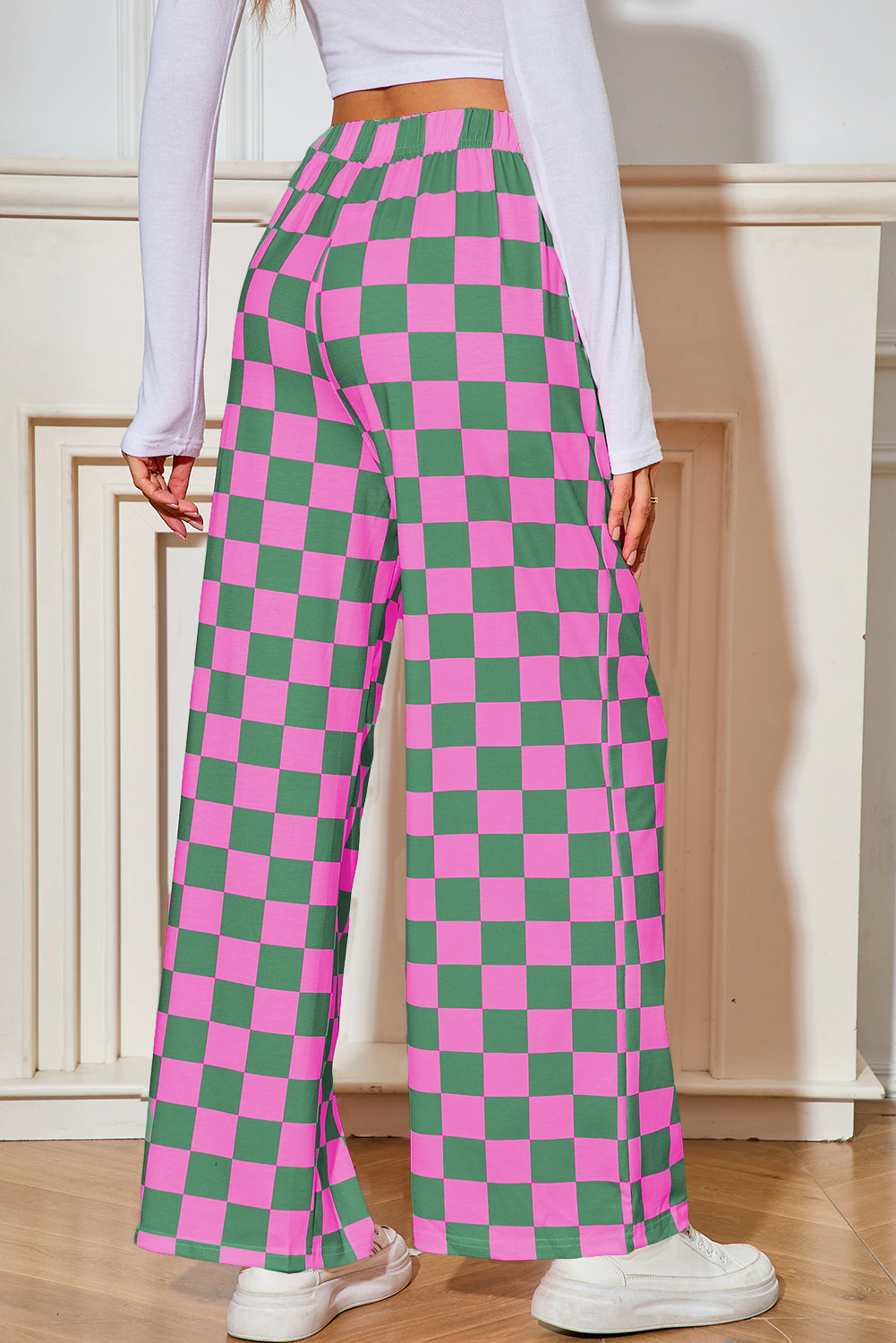 Green Checkered Print High Waist Wide Leg Pants - Pretty Petty Co