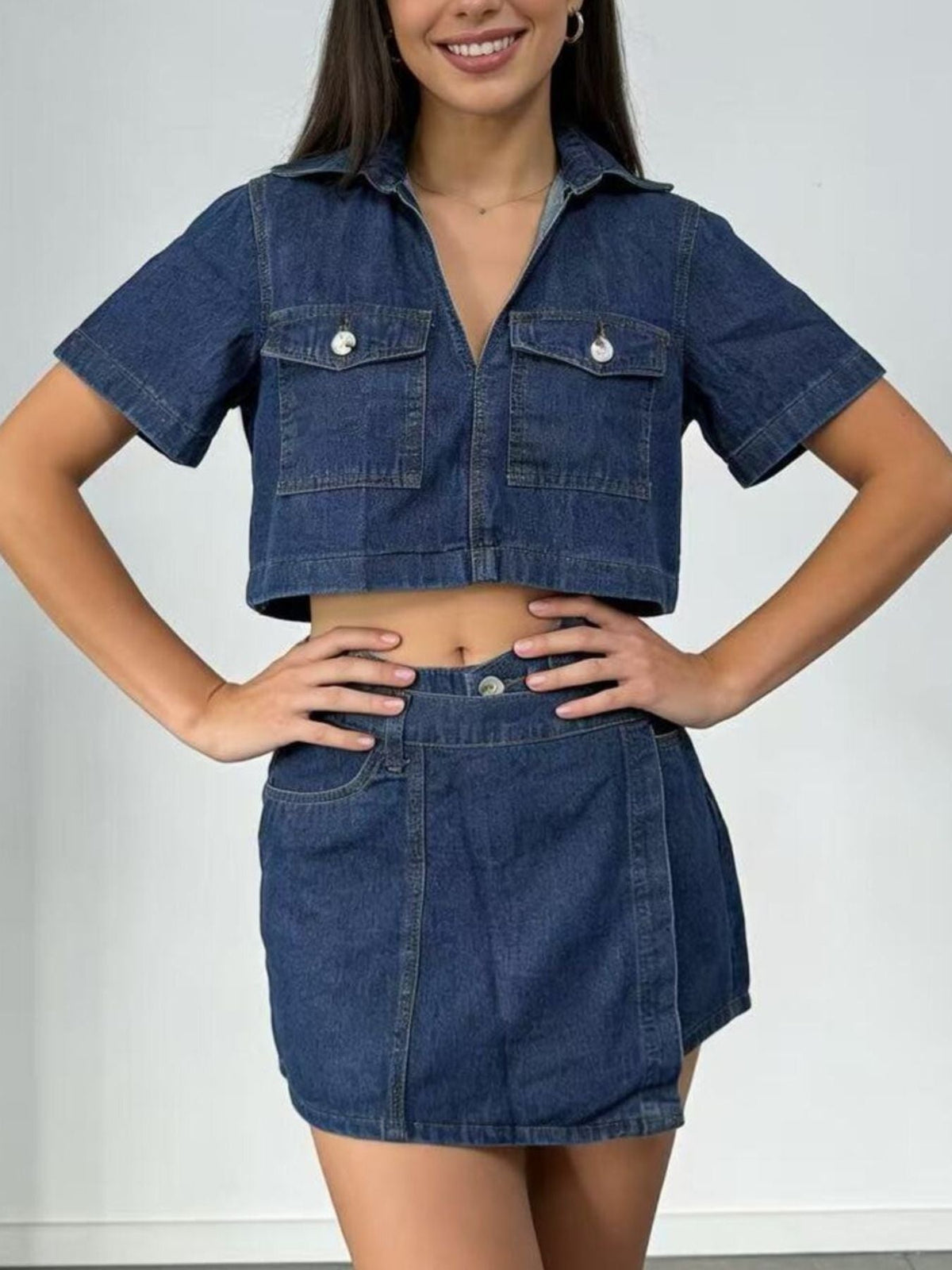 Short Sleeve Cropped Top and Skort Denim Set - Pretty Petty Co