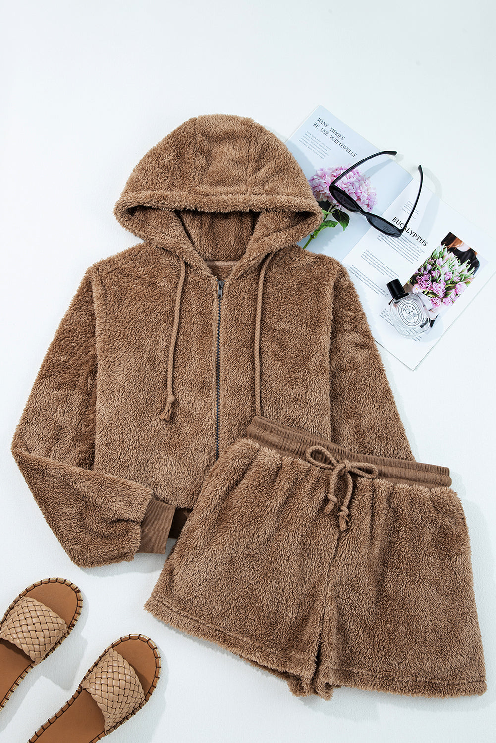 Parchment Zip Up Hoodie Drawstring Shorts Sherpa 2pcs Outfit - Pretty Petty Co
