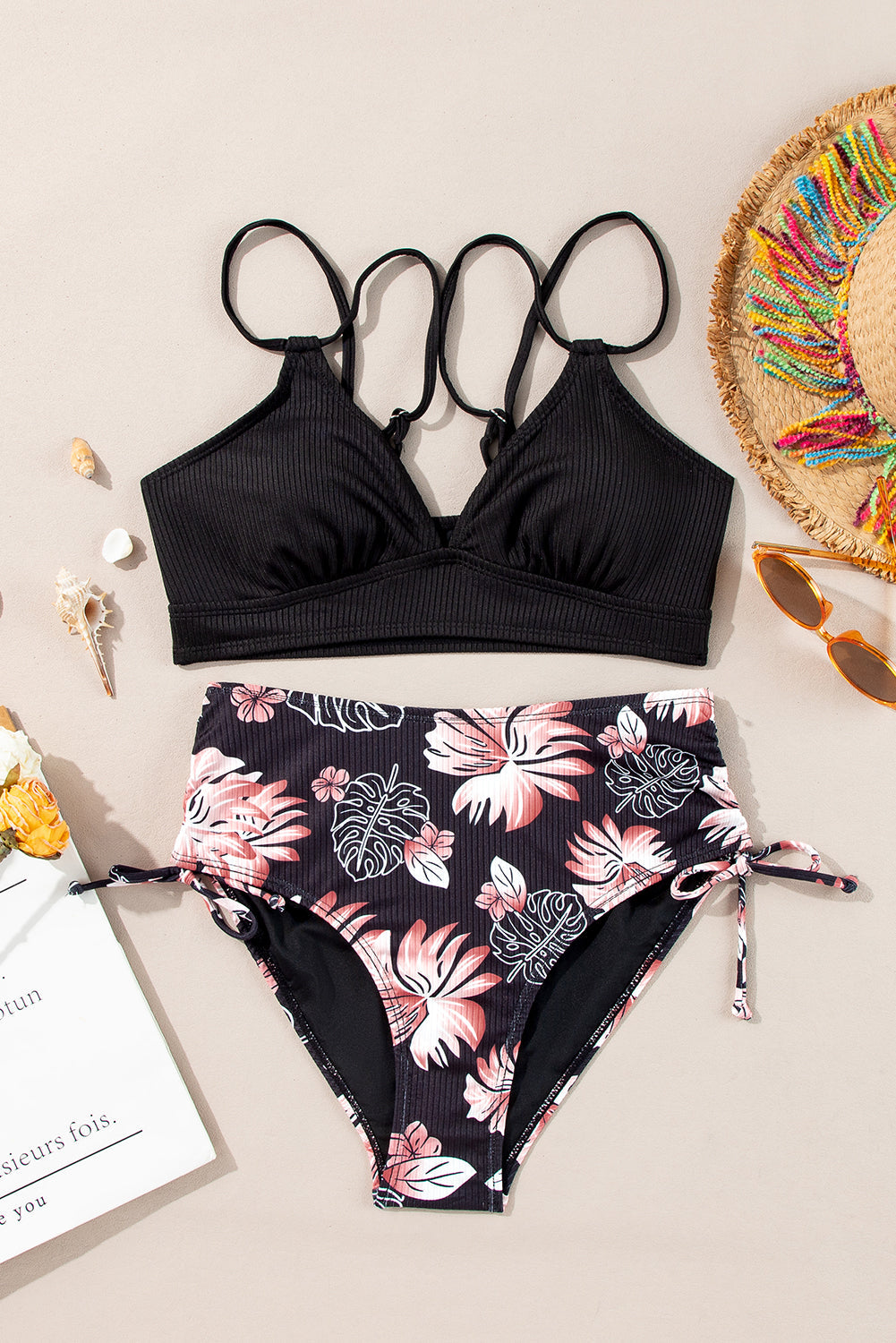 Black Ribbed Knit High Waist 2pcs Bikini Swimsuit - Pretty Petty Co