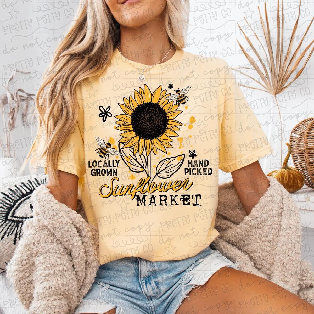 Sunflower Market Graphic Tee | Locally Grown Hand Picked Flower Shirt | Sunflower Bee T-Shirt