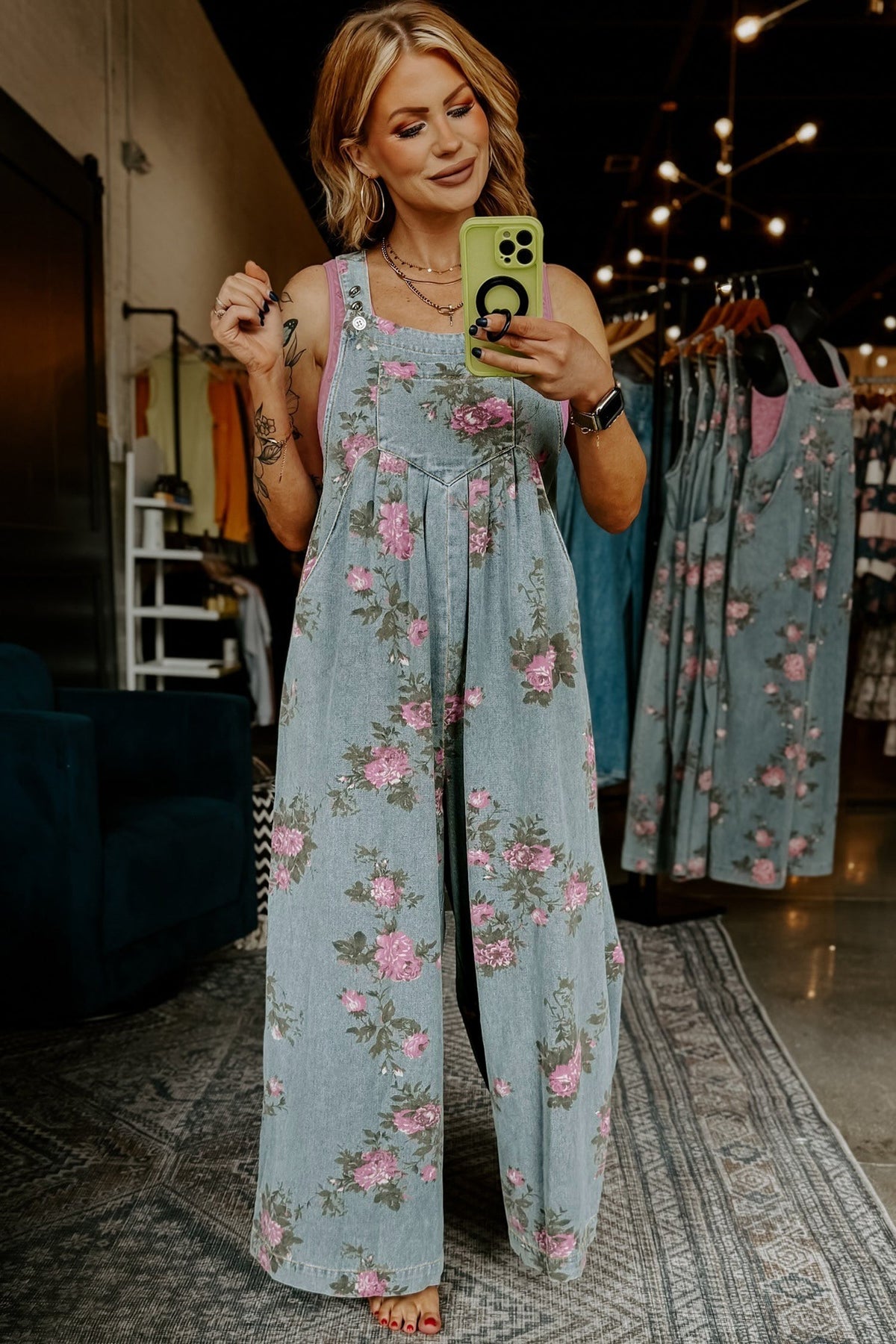 Beau Blue Floral Print Pleated High Waist Wide Leg Denim Jumpsuit - Pretty Petty Co