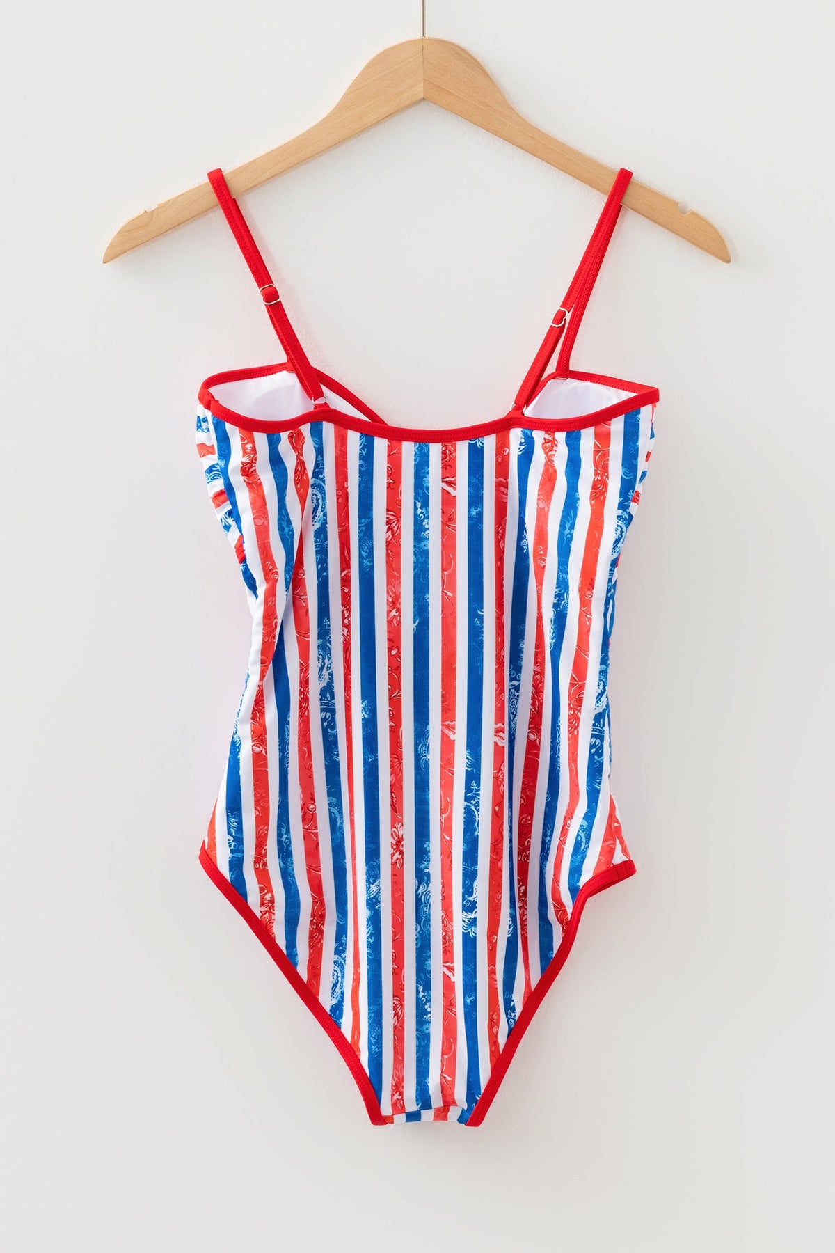 Red July 4th Stripes Star Floral Impression Cutout Spaghetti Straps One Piece Swimsuit - Pretty Petty Co