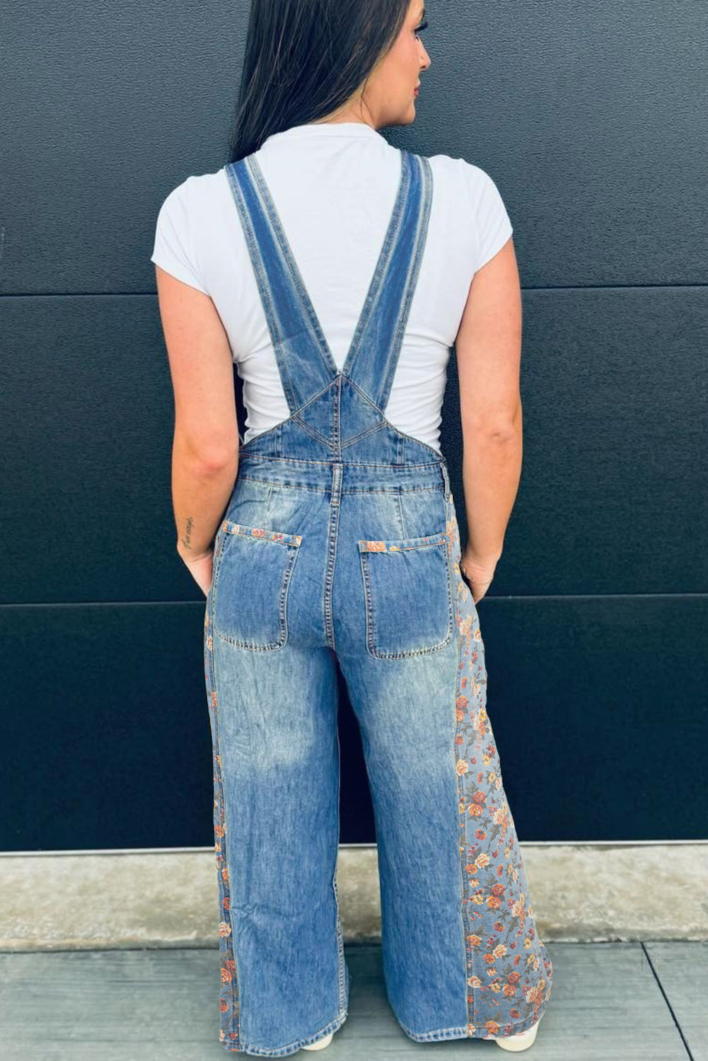 Peacock Blue Floral Patchwork Bib Denim Wide Leg Overalls - Pretty Petty Co