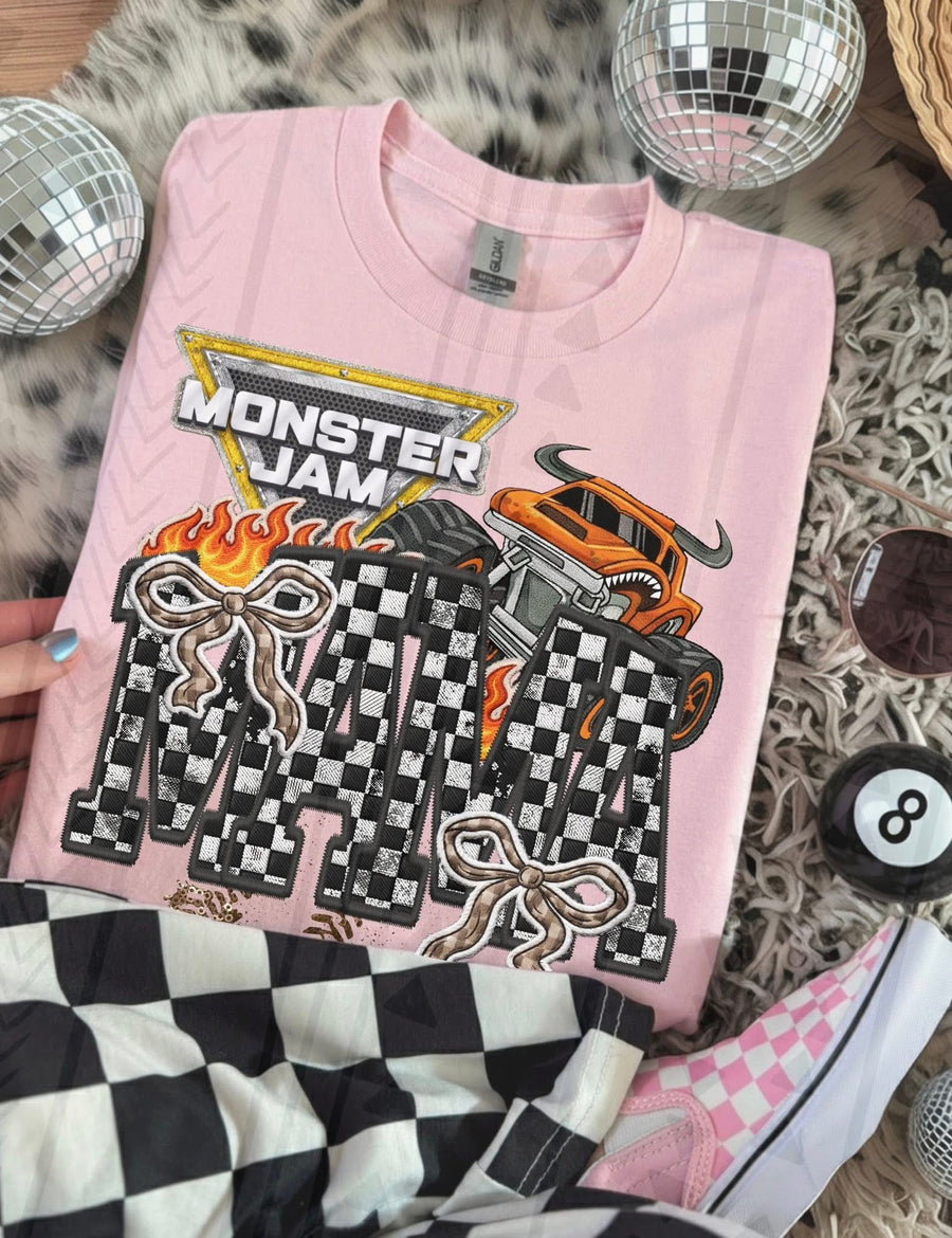Monster Truck Mama Faux Embroidery Graphic Tee – Racing Mom Shirt – Unisex DTF Print - Pretty Petty Co