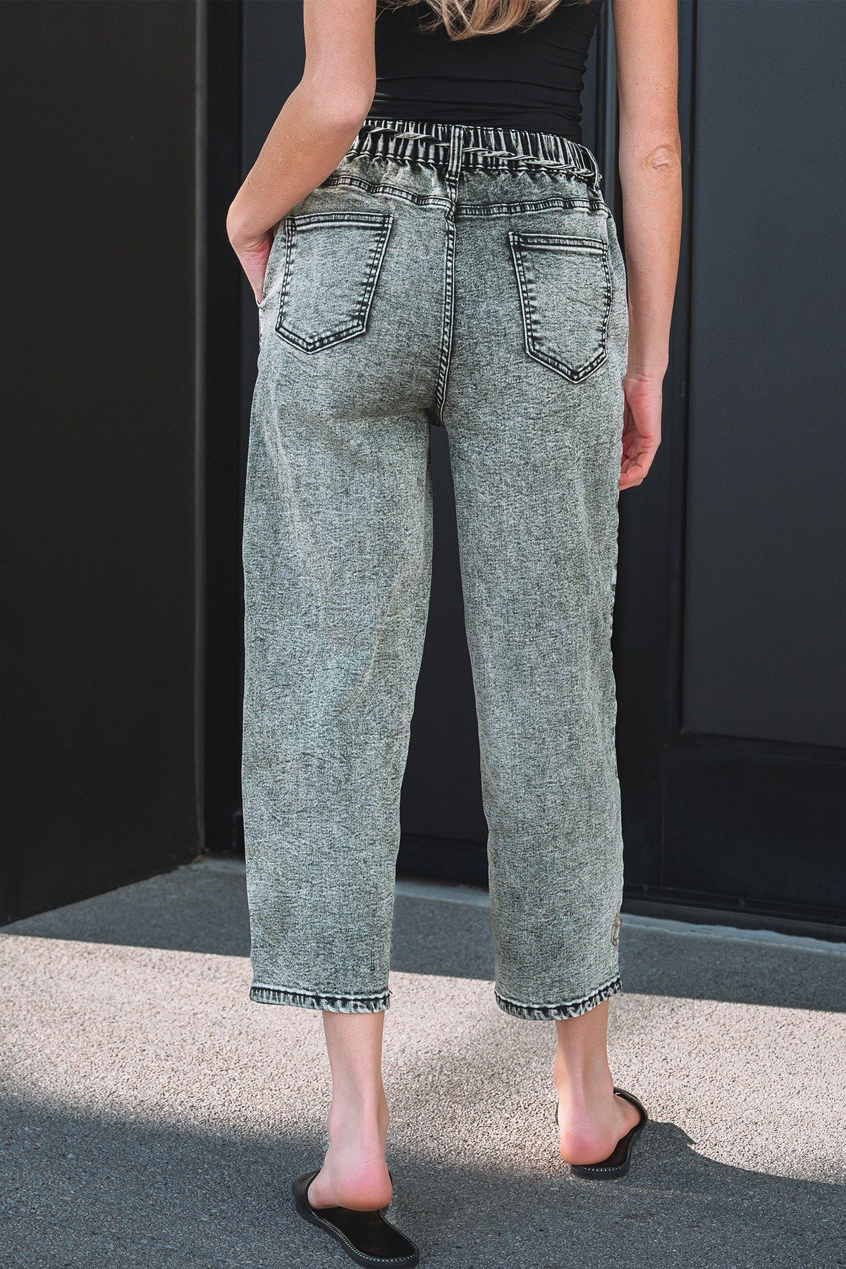 Smoke Gray Acid Wash Barrel Fit Denim Pants with Waist String - Pretty Petty Co