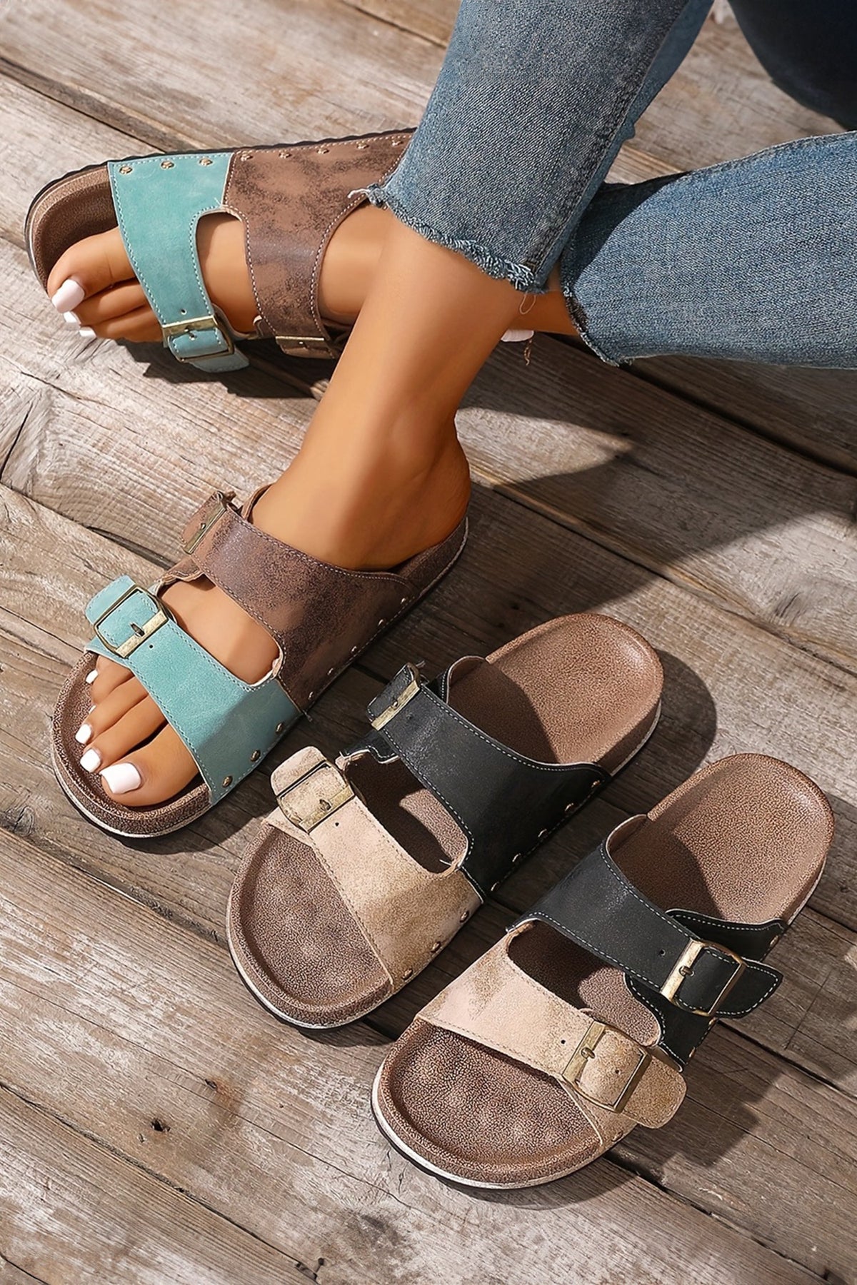 Coffee Two-tone Retro Buckle Straps Hollowed Faux Suede Slippers - Pretty Petty Co