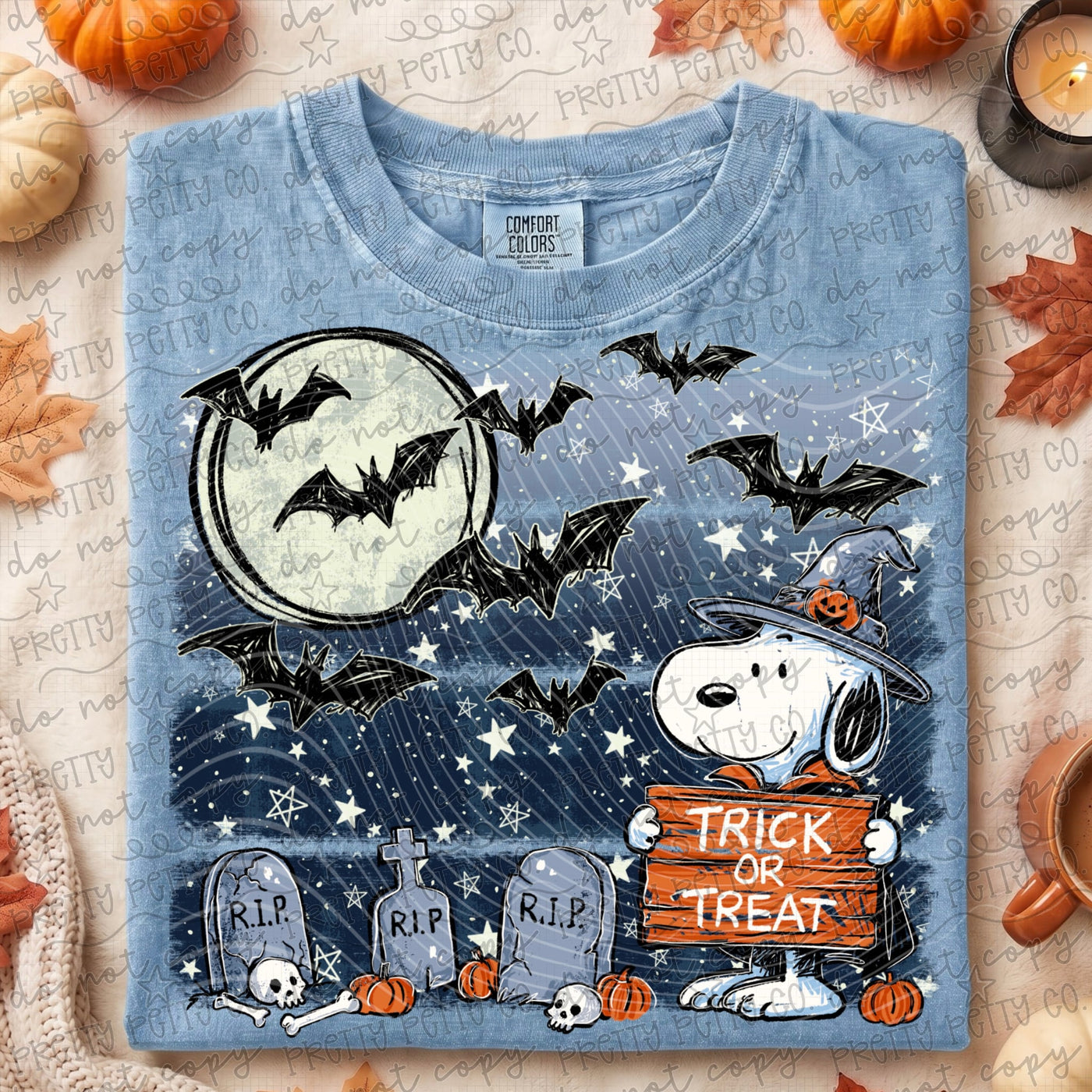 Cute Trick or Treat Halloween Dog Graphic Tee | Spooky Graveyard Pumpkin Shirt