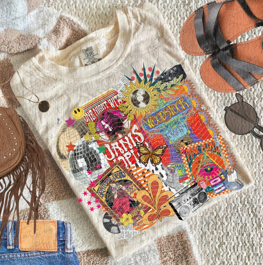 Retro Woodstock Era Rock Collage Tee | Vintage Psychedelic Festival Inspired Graphic Shirt | Classic 70s Music Style T-Shirt - Pretty Petty Co