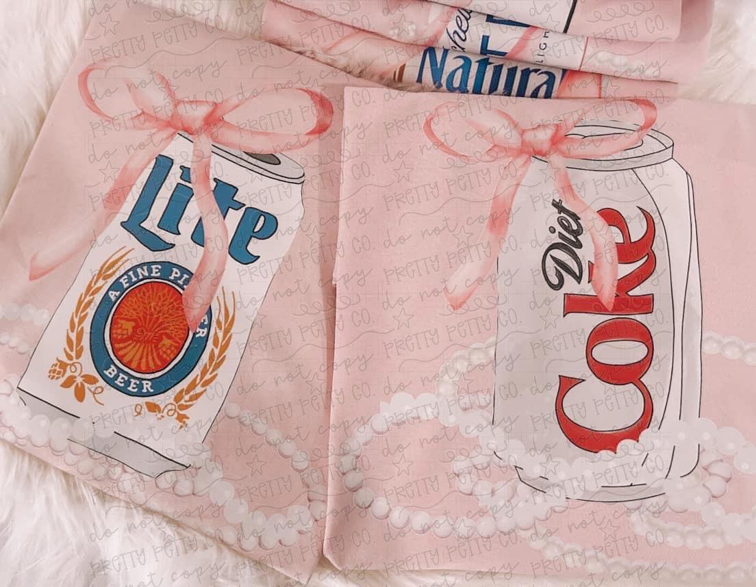 Coquette Lite Beer Graphic Tee | Girly Beer Can Shirt | Pink Bow & Pearl Trendy T-Shirt