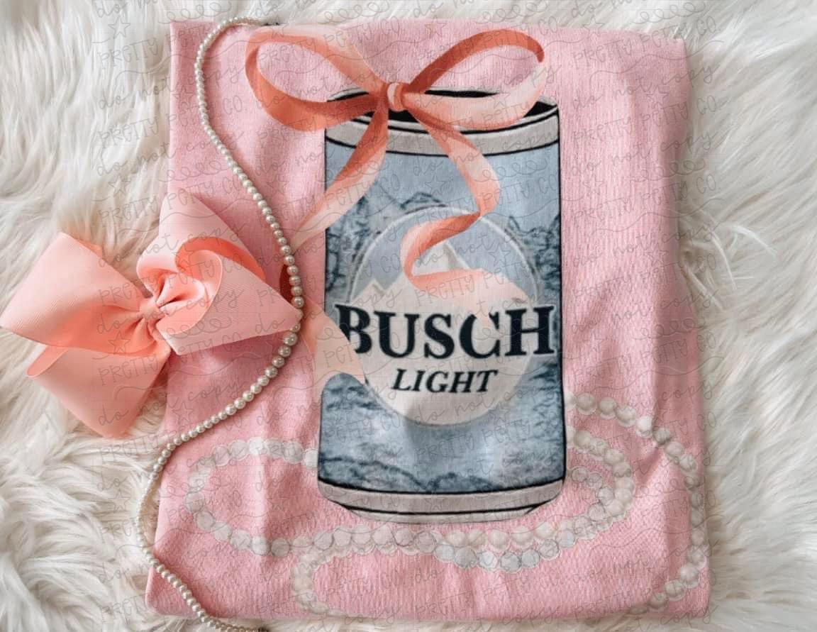Coquette Light Beer Graphic Tee | Girly Beer Can Shirt | Pink Bow & Pearl Trendy T-Shirt