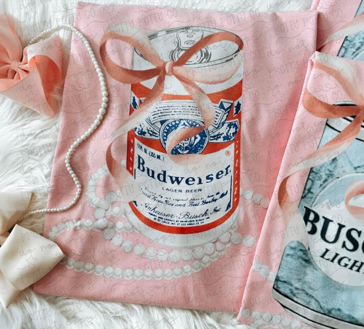 Budweiser Coquette Graphic Tee | Girly Beer Can Shirt | Pink Bow & Pearl Trendy T-Shirt
