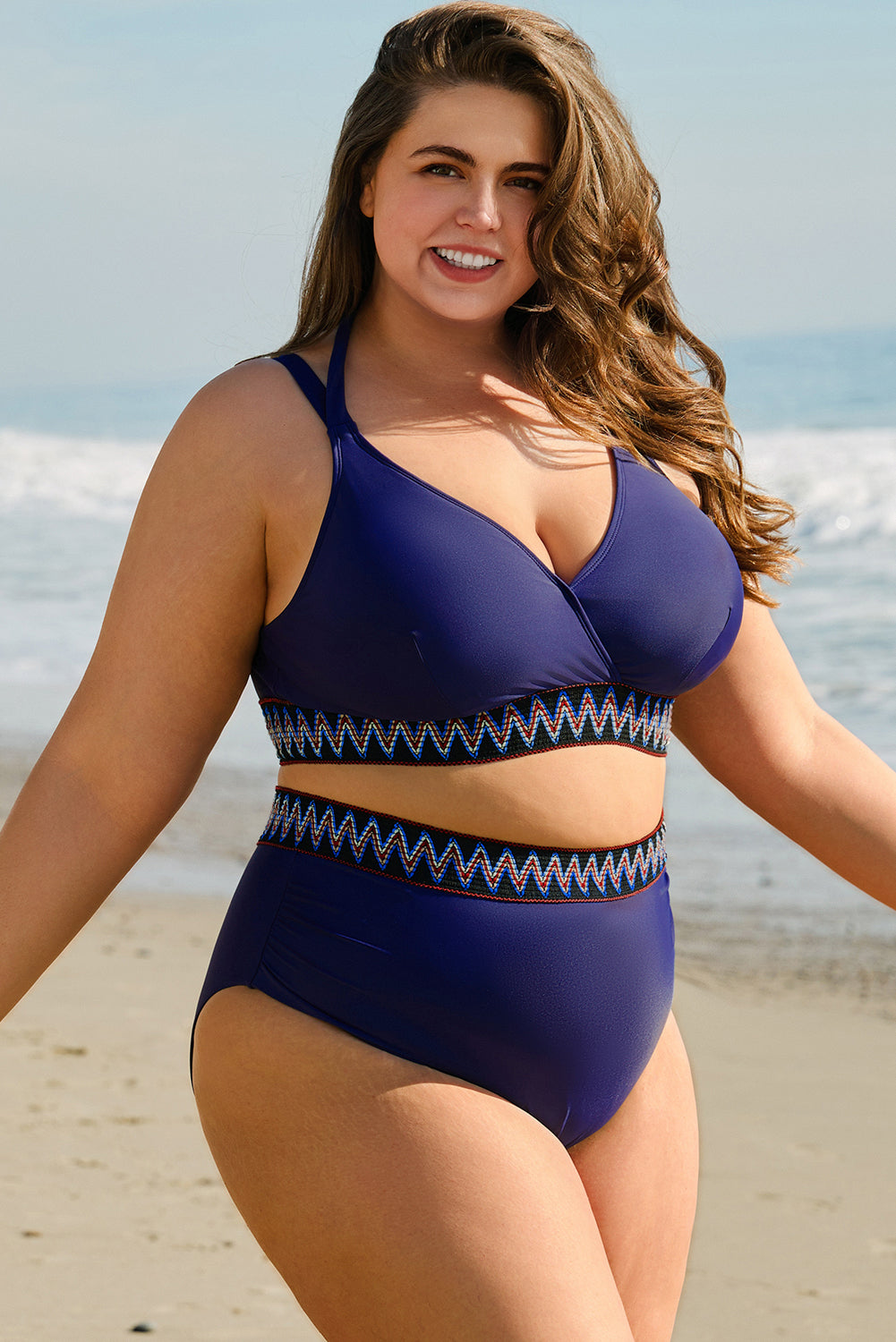 Navy Blue Embroidered Trim Wrap Tie Knot Plus Size High Waisted Bikini - Pretty Petty Co