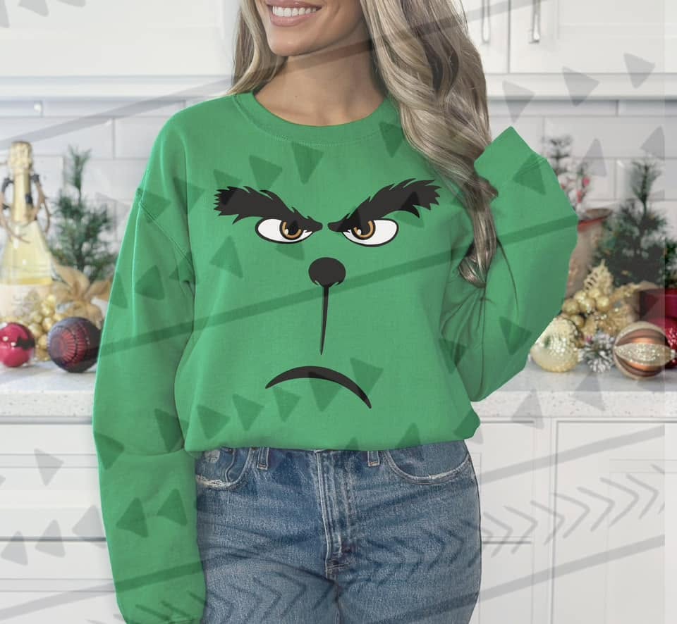 Green Holiday Grumpy Face Graphic Sweatshirt | Funny Christmas Shirt