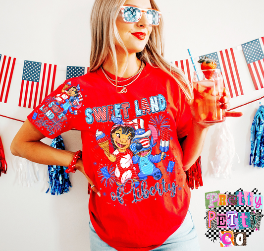 Sweet Land of Liberty Cartoon Alien T-Shirt, Patriotic Graphic Tee for Kids & Adults, Comfort Colors, DTF Printed