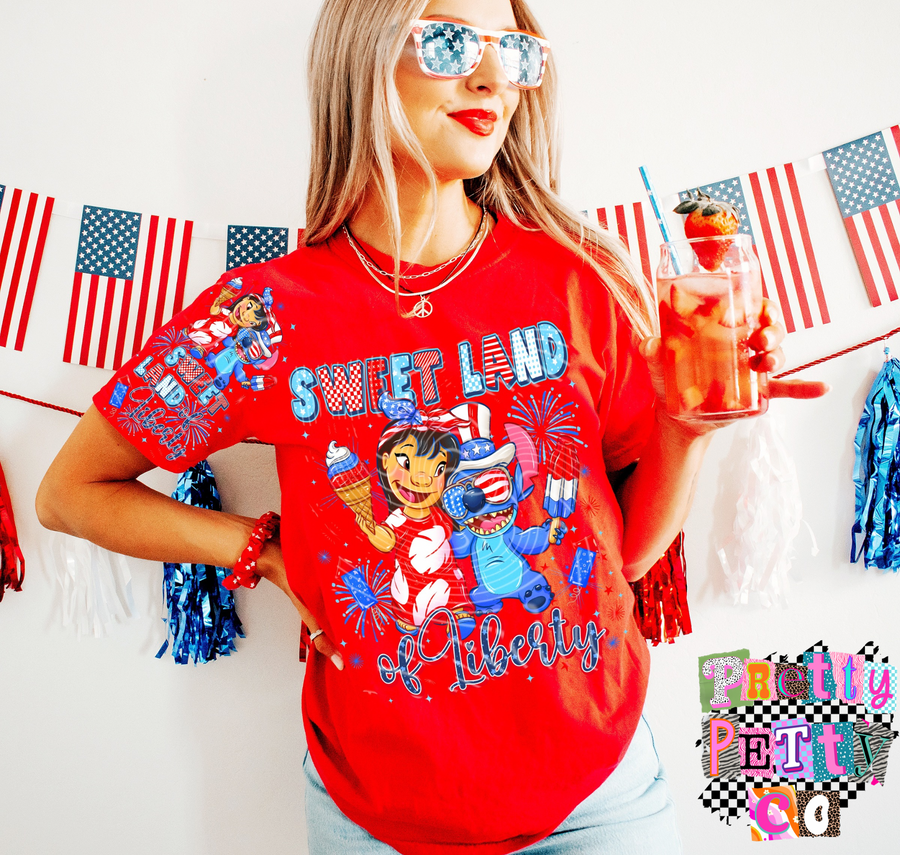 Sweet Land of Liberty Cartoon Alien T-Shirt, Patriotic Graphic Tee for Kids & Adults, Comfort Colors, DTF Printed - Pretty Petty Co