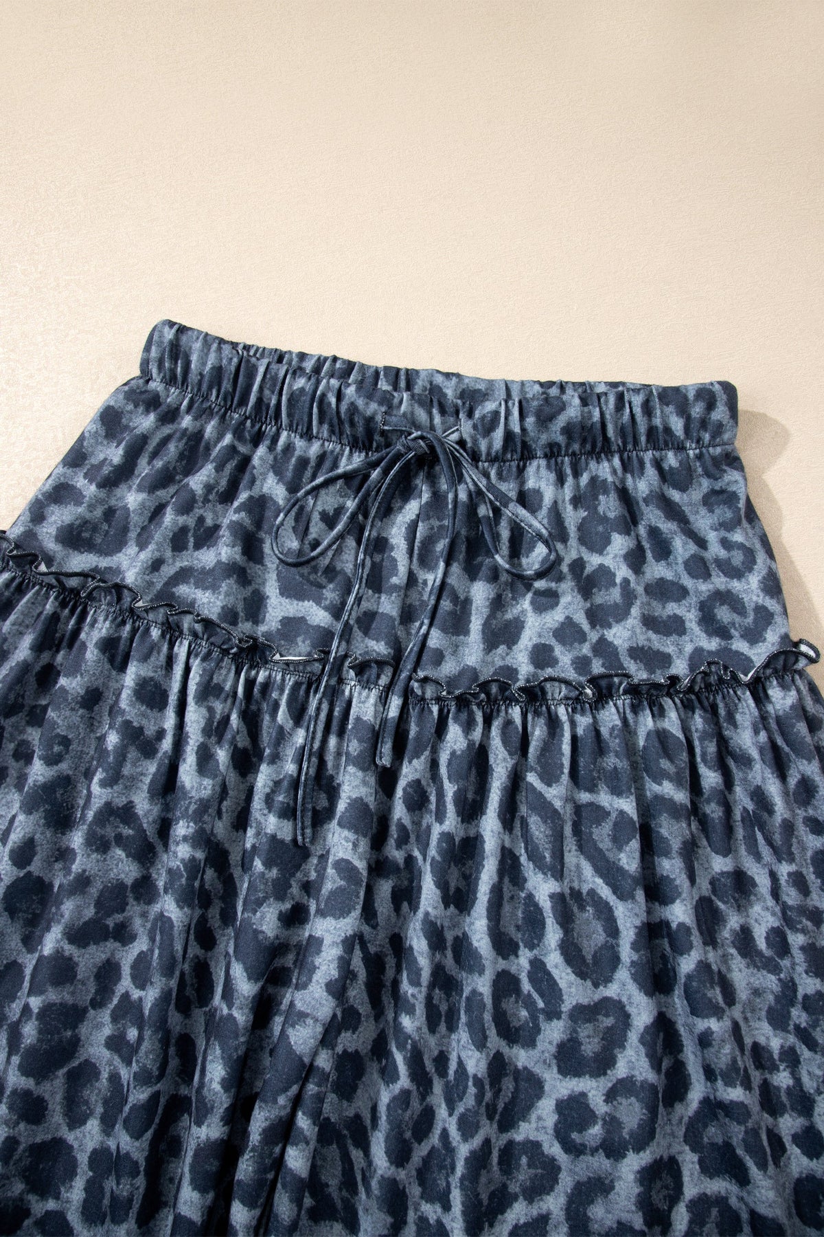 Gray Wild Leopard Print Frilled Detail Drawstring Wide Leg Pants - Pretty Petty Co
