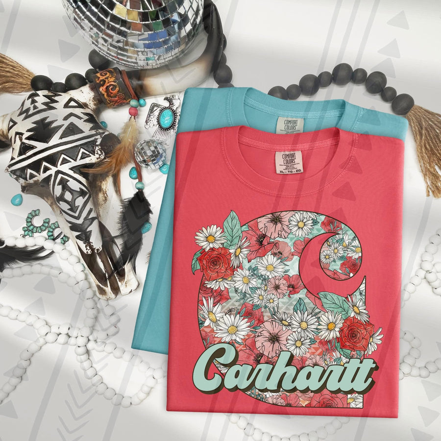 Floral Print Carhartt Inspired Tee | Rustic Country Graphic Shirt - Pretty Petty Co