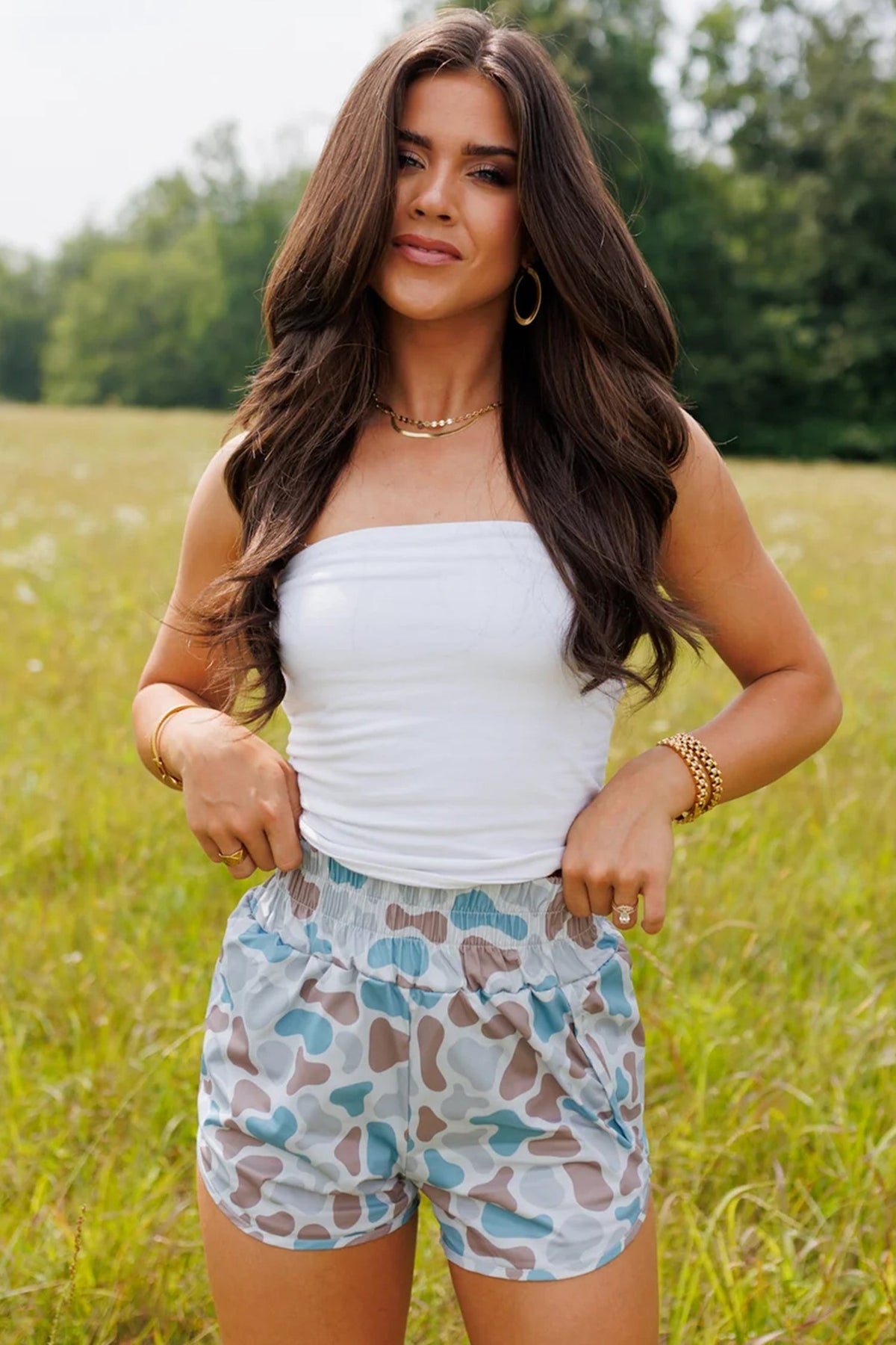 Sky Blue Camouflage Print Shirred High Waist Athleisure Shorts - Pretty Petty Co
