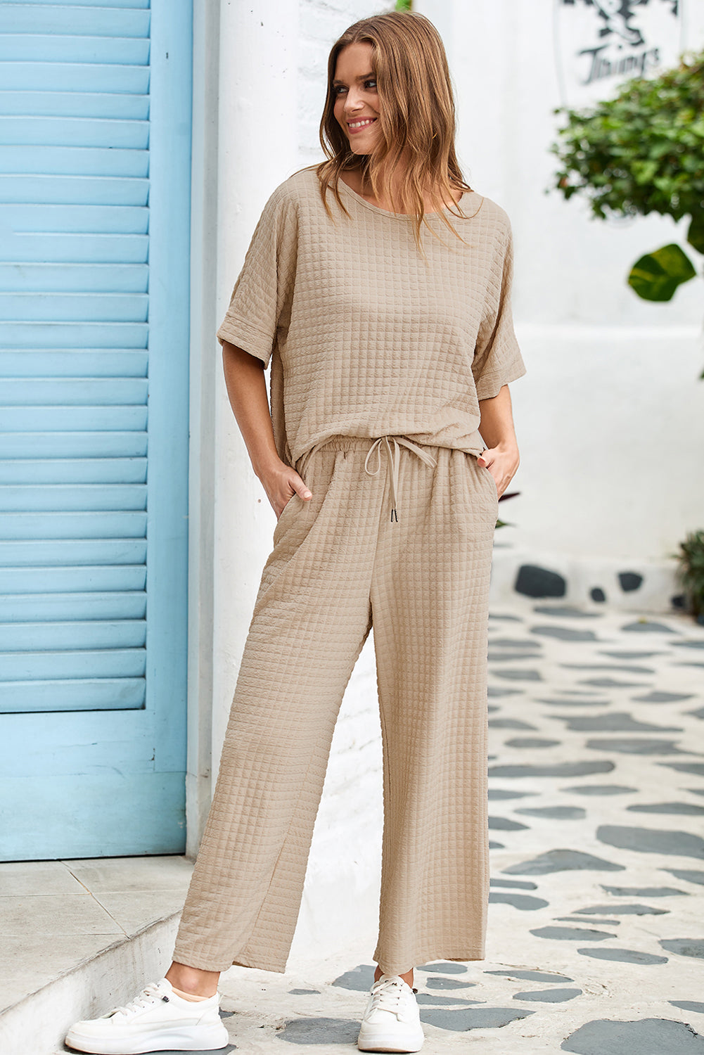 Oatmeal 3D Lattice Texture Sporty Dolman Top Drawstring Pants Set - Pretty Petty Co