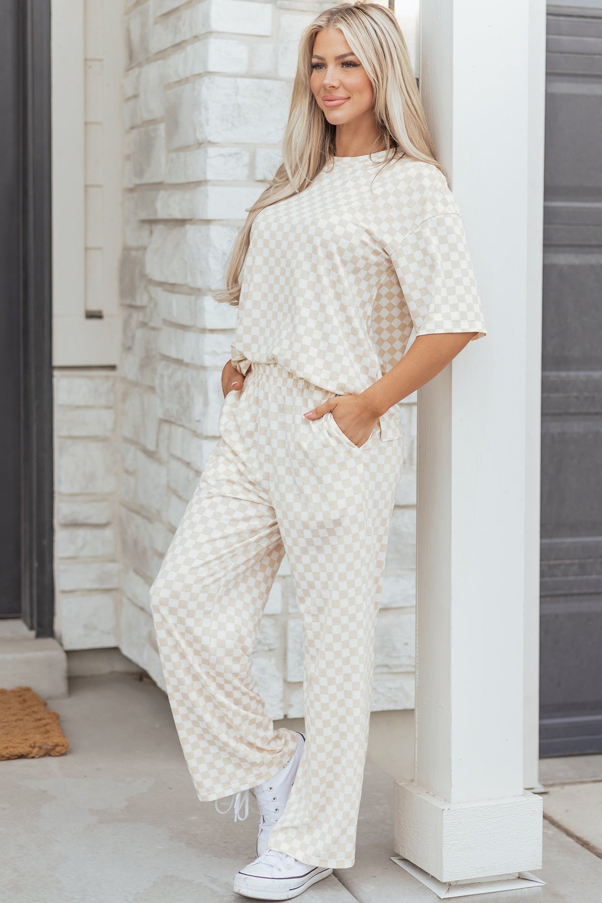 Rose Checkered Print Half Sleeve Tee 2pcs Lounge Pant Set - Pretty Petty Co