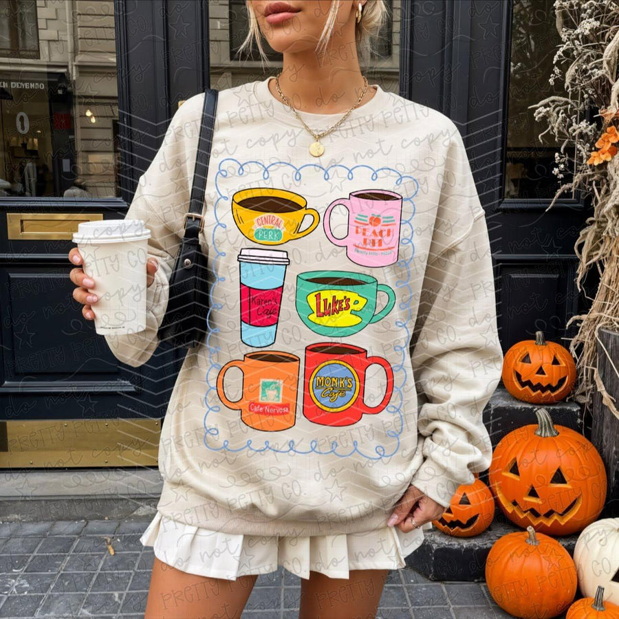 Retro TV Café Sweatshirt – Central Perk, Luke’s, Peach Pit – Cozy Fall Coffee Crewneck