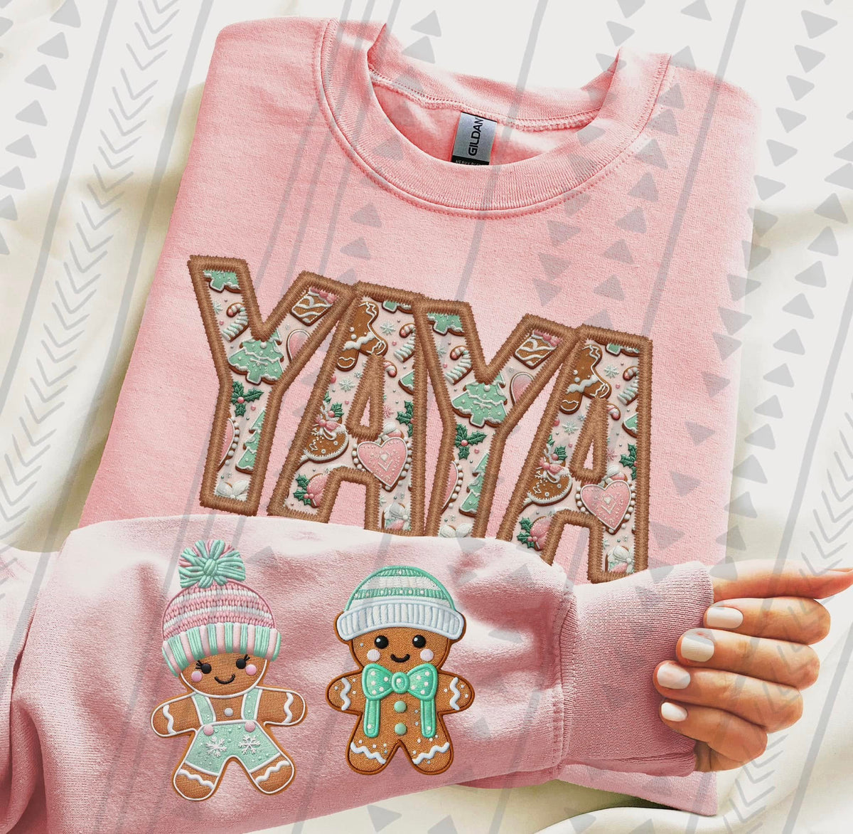 Yaya Gingerbread Christmas Sweatshirt – Light Pink Gildan Crewneck – Cute Holiday Grandma Shirt
