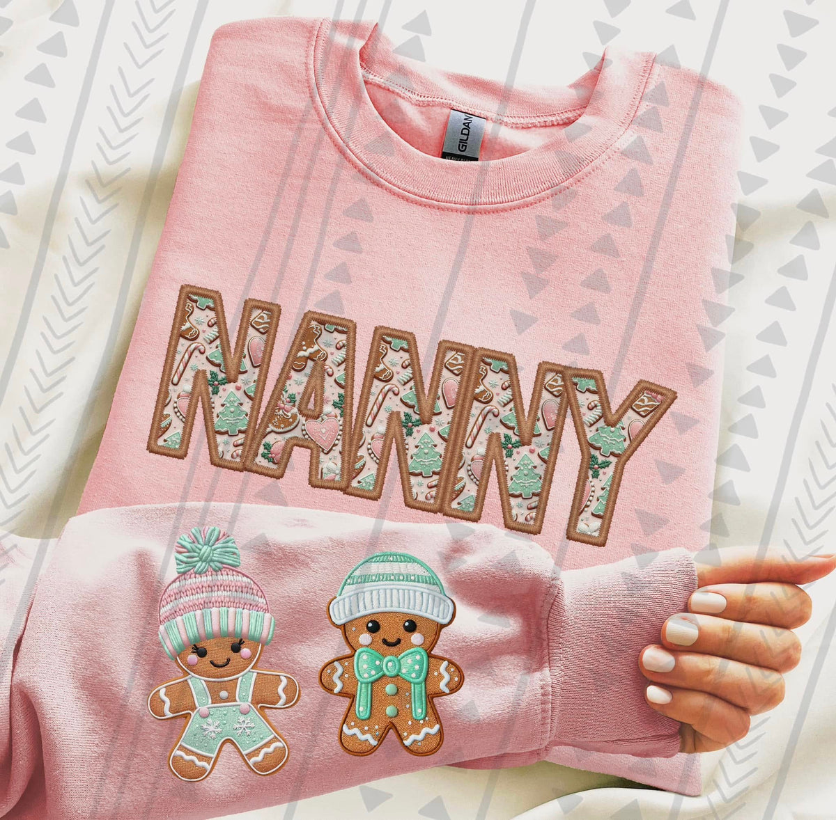 Nanny Gingerbread Christmas Sweatshirt – Light Pink Gildan Crewneck – Cute Holiday Grandma Shirt