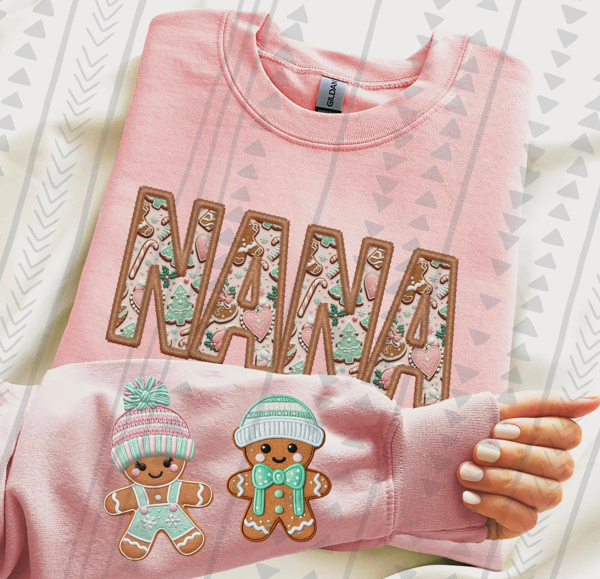 Nana Gingerbread Christmas Sweatshirt – Light Pink Gildan Crewneck – Cute Holiday Grandma Shirt