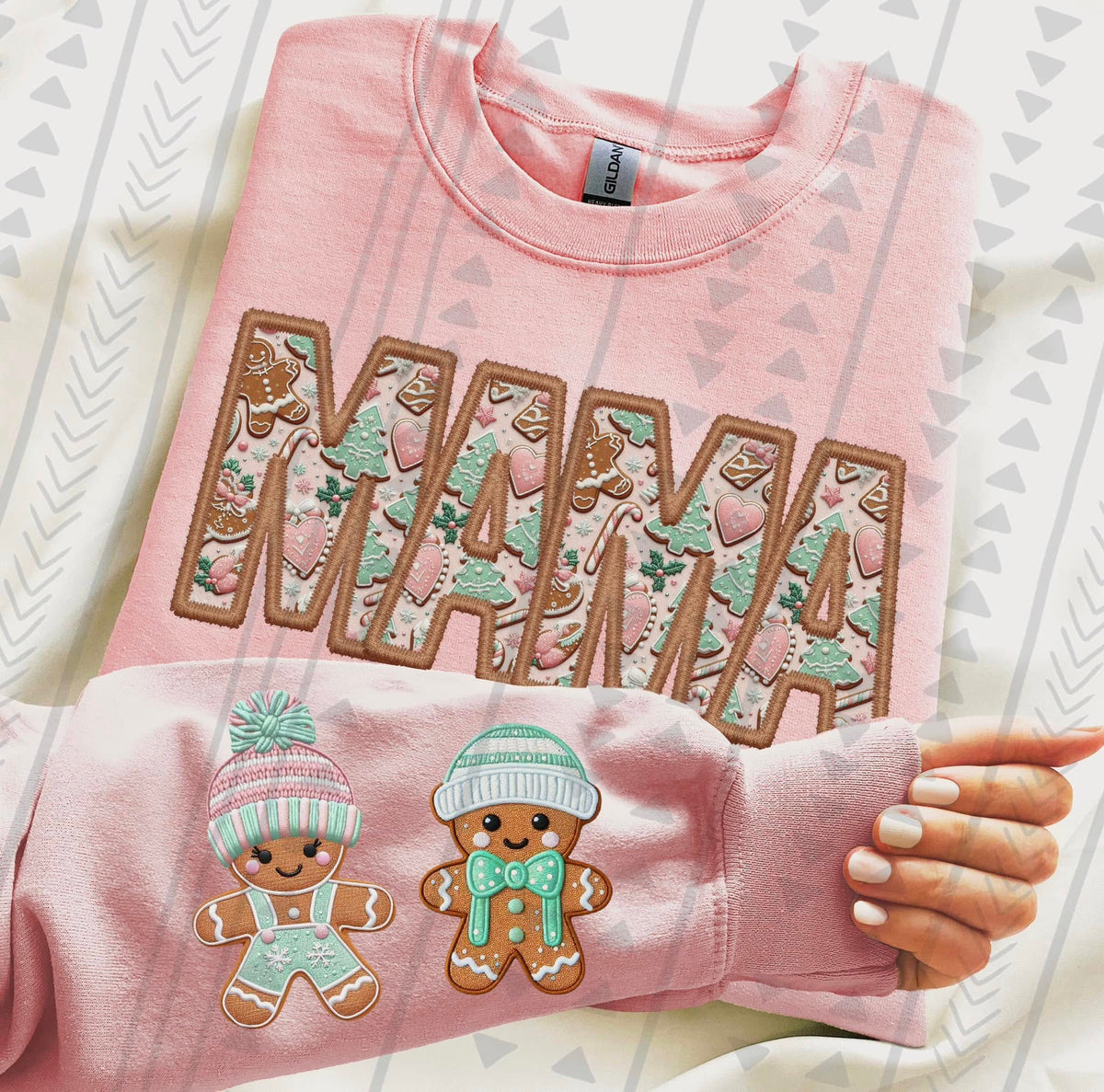 Mama Gingerbread Christmas Sweatshirt – Light Pink Gildan Crewneck – Cute Holiday Mom Shirt