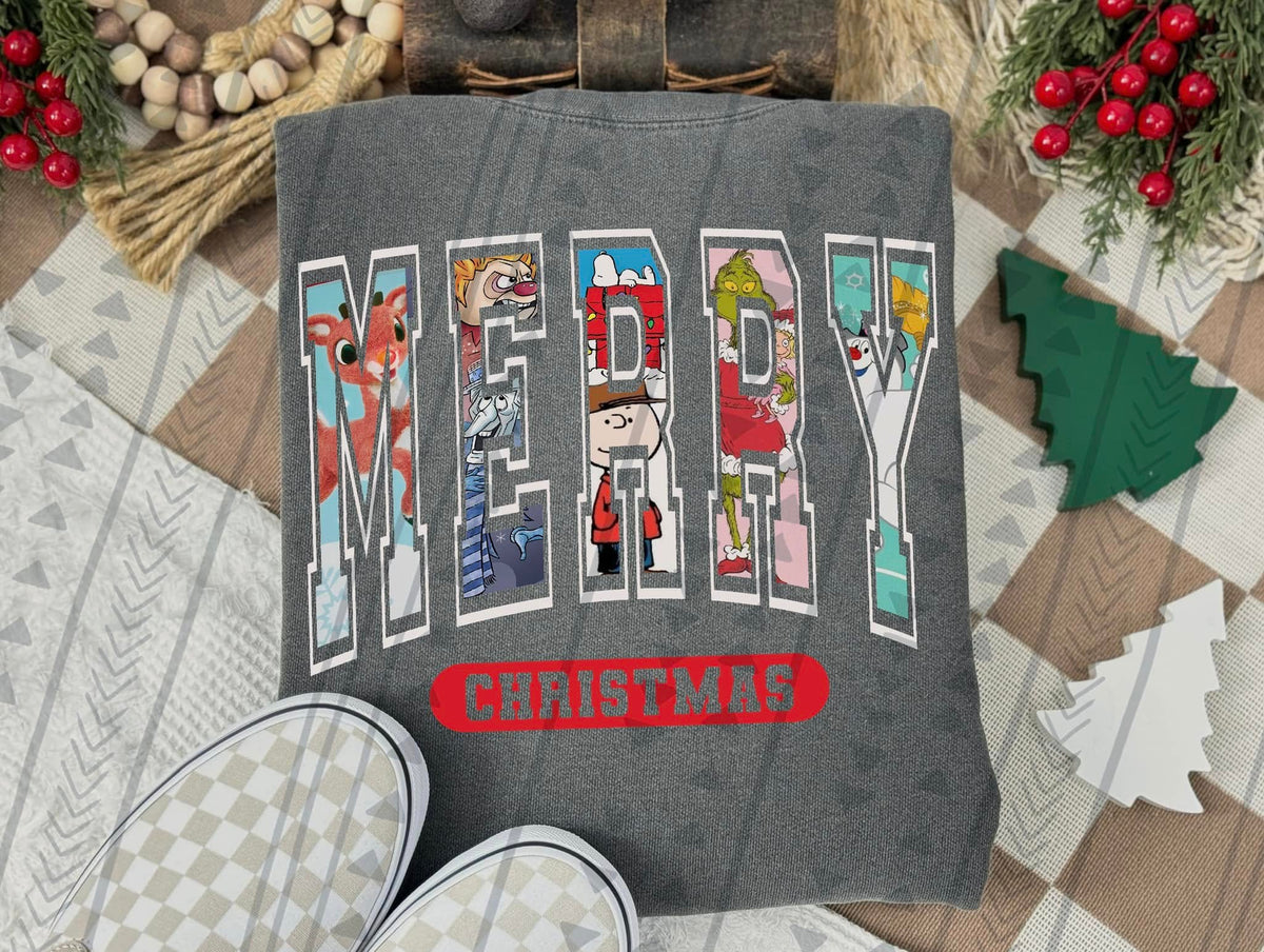 Merry Christmas Nostalgia Character Collage Graphic Sweatshirt | Retro Holiday Shirt