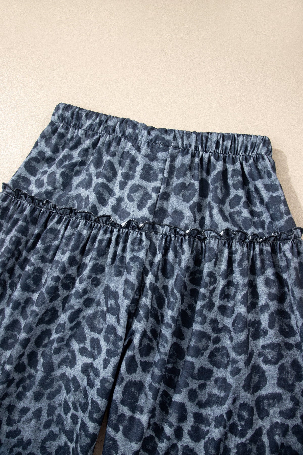 Gray Wild Leopard Print Frilled Detail Drawstring Wide Leg Pants - Pretty Petty Co