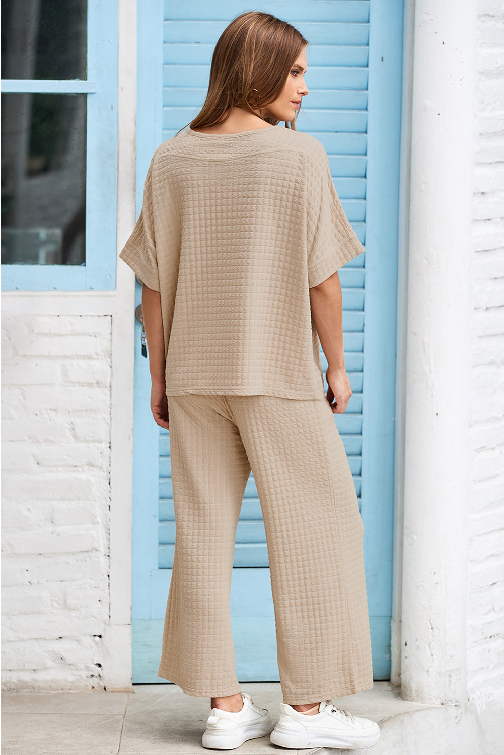 Oatmeal 3D Lattice Texture Sporty Dolman Top Drawstring Pants Set - Pretty Petty Co