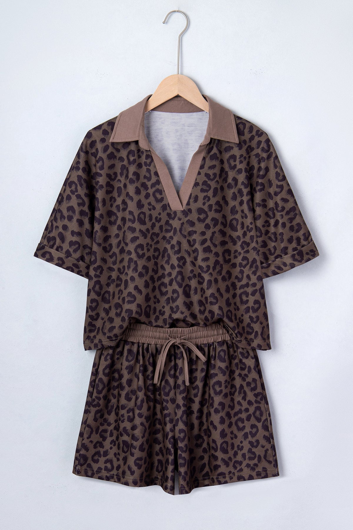 Brown V Neck Collar Leopard Printed 2pcs Short Set - Pretty Petty Co