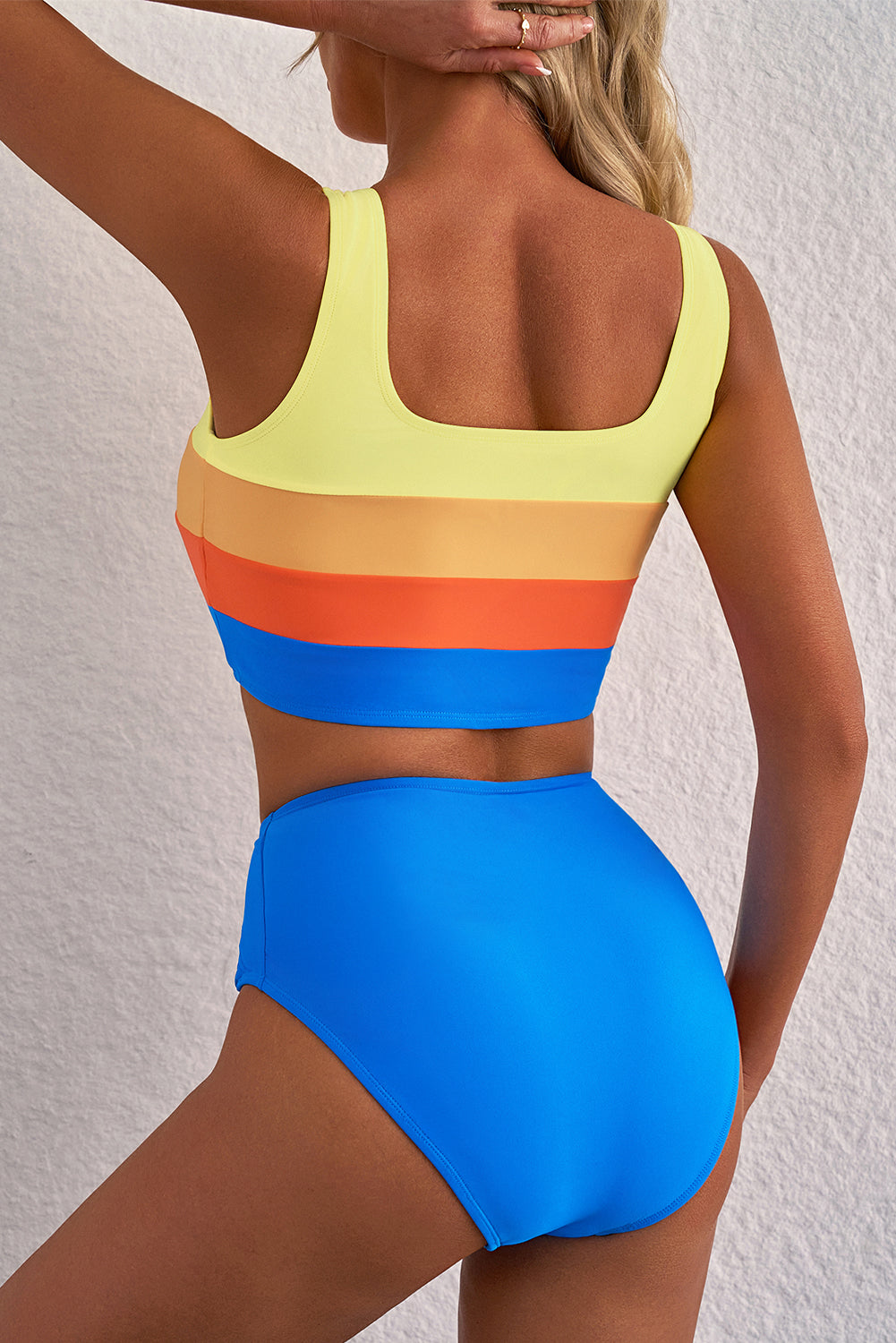 Blue Colorblock Square Neck Top Pleated High Waisted Bikini - Pretty Petty Co