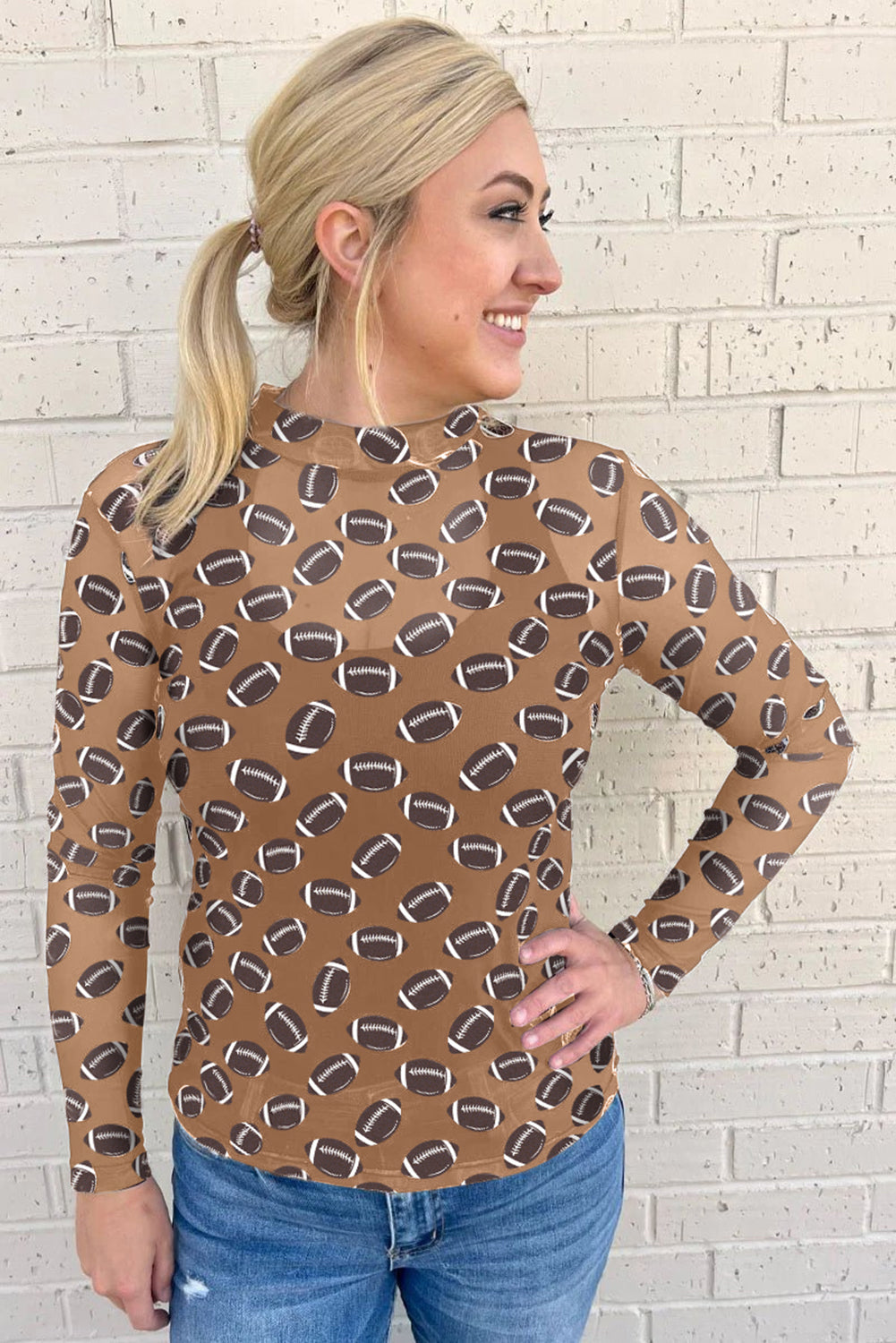 Brown Game Day Football Mesh Sheer Long Sleeve Top - Pretty Petty Co