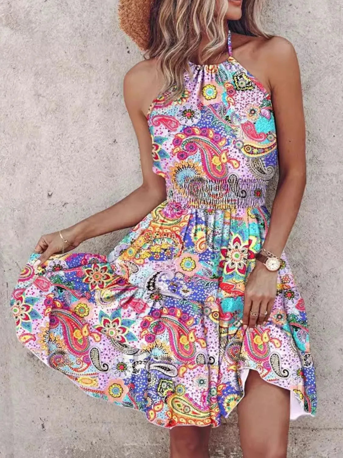 Paisley Print Halter Neck Mini Dress - Pretty Petty Co