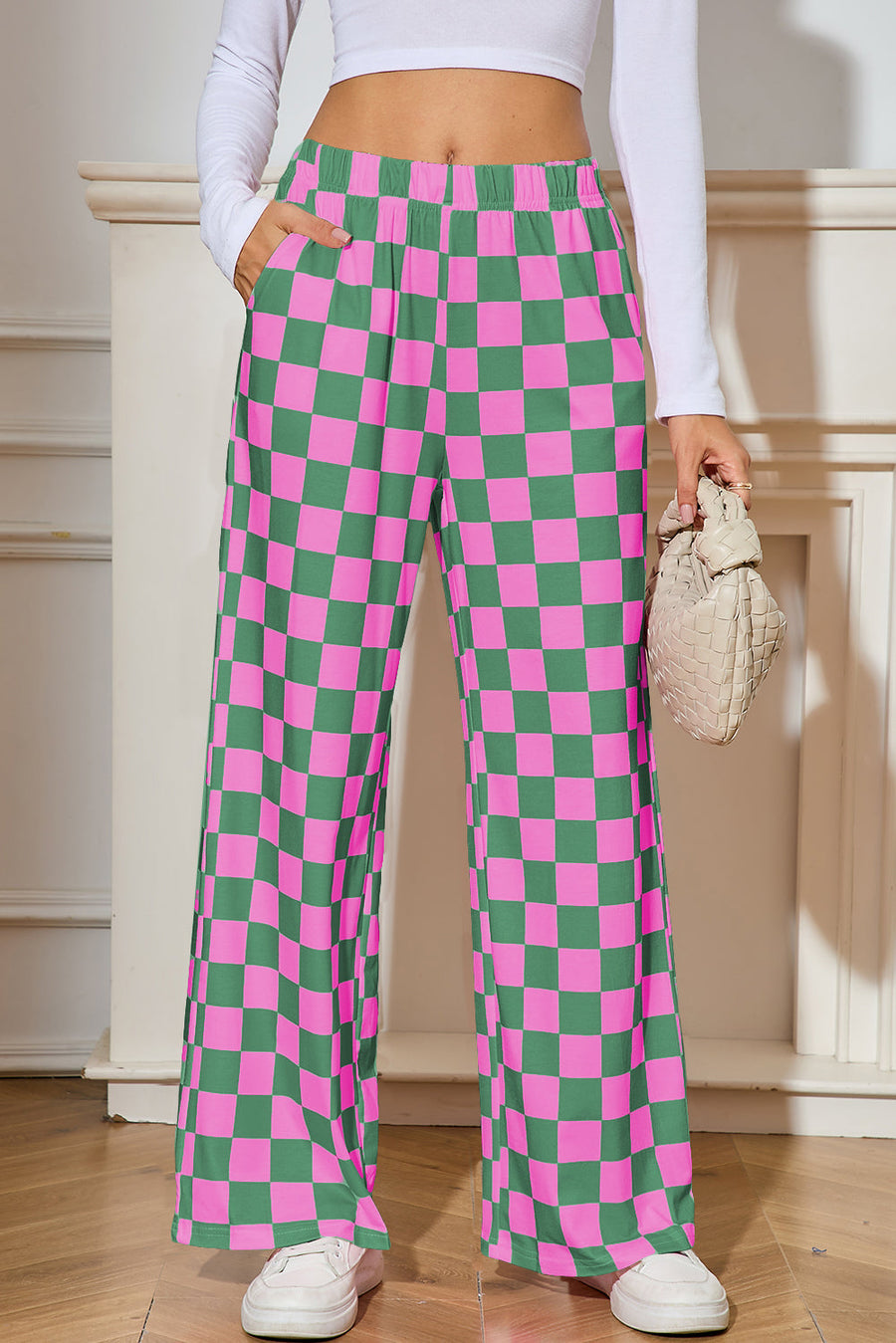 Green Checkered Print High Waist Wide Leg Pants - Pretty Petty Co
