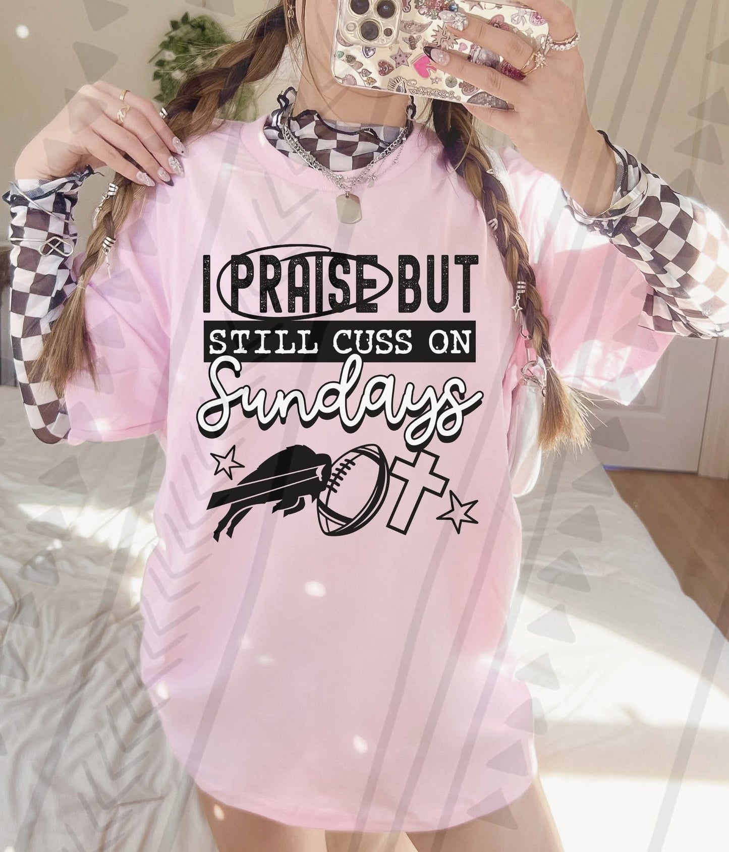 I Praise But Still Cuss On Sundays Football Shirt – Edgy Christian Sports Graphic Tee – Unisex DTF Print – Youth & Adult Sizes
