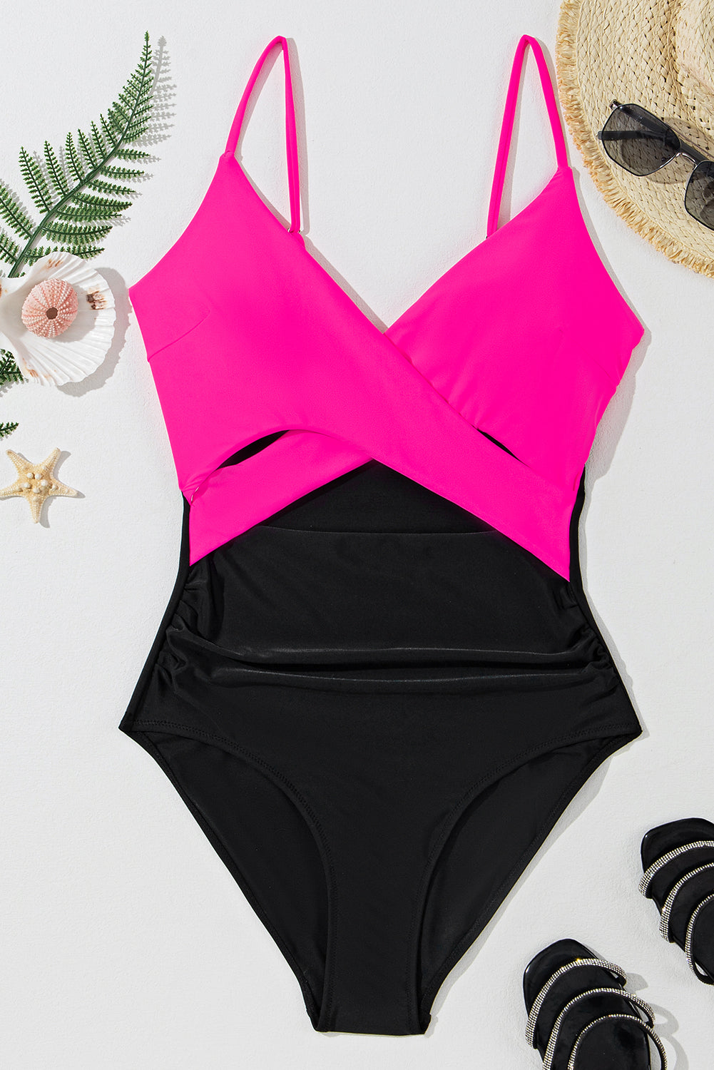 Rose Red Two-tone Colorblock Cutout One Piece Swimsuit - Pretty Petty Co