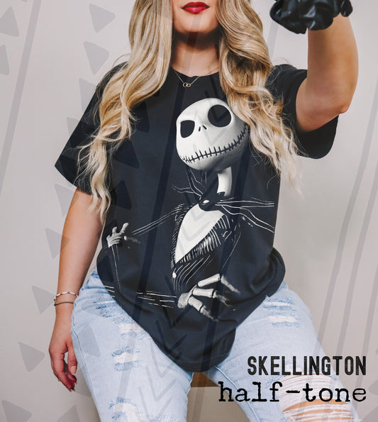 Halftone Spooky Skeleton Character Graphic Tee | Vintage Halloween Inspired Apparel | Youth & Adult Sizes