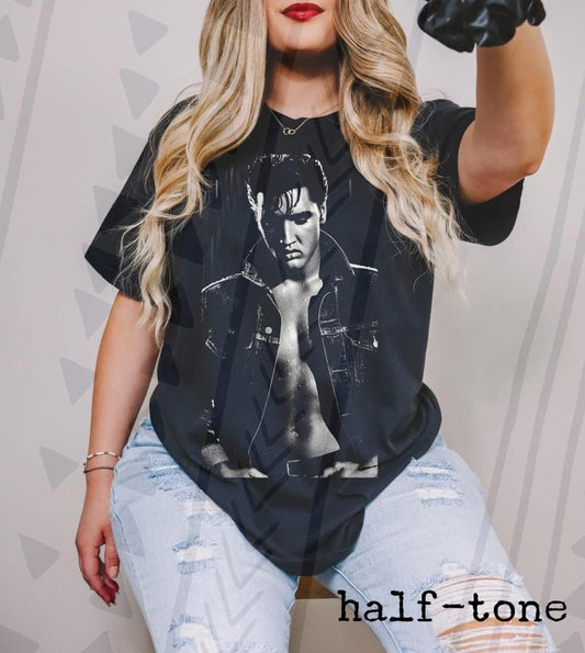 Elvis Rock & Roll Icon Graphic Tee, Retro Music Legend Halftone Shirt, Vintage Concert Graphic Tee, Youth and Adult Sizing, DTF Printed